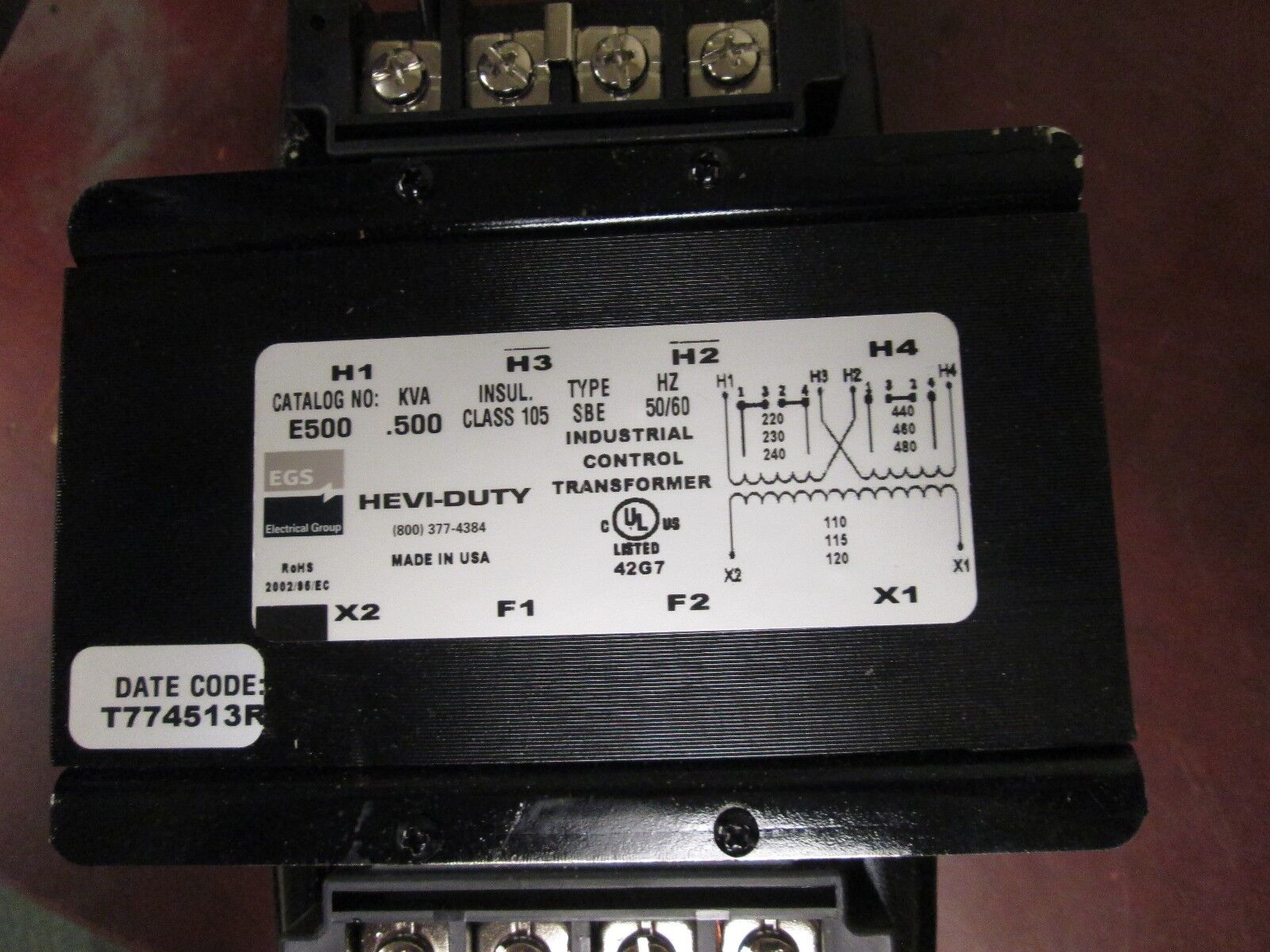 Hevi-Duty Control Transformer E500 .500KVA Pri 240/480 Sec 120V Used