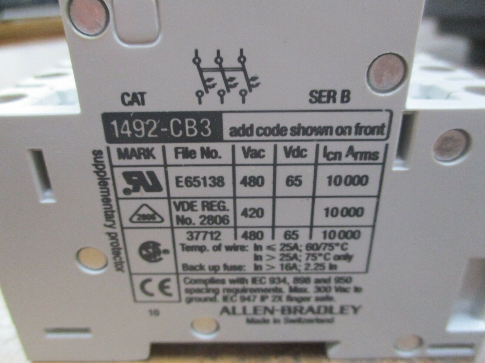 Allen-Bradley Circuit Breaker 1492-CB3-G100 10A, 3P, Used