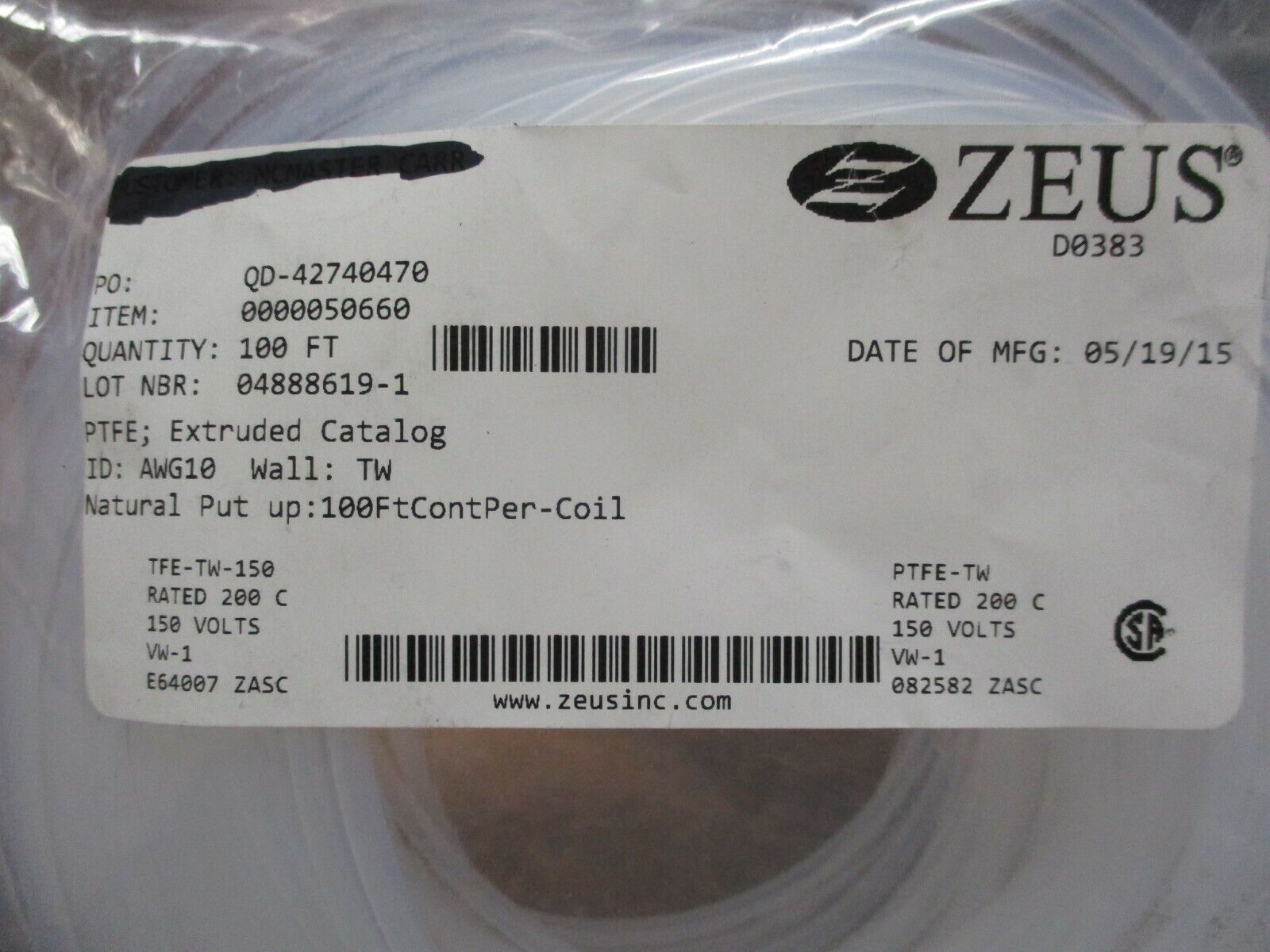 Zeus 10 AWG Polymer Tubing 0000050660 100ft New Surplus