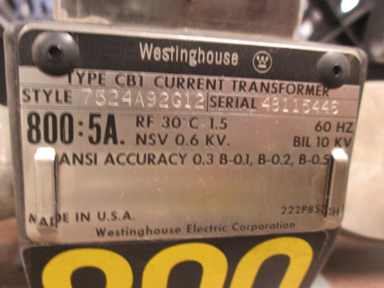 Westinghouse Type CBT Current Transformer 7524A92G12 800:5A 10KV BIL 60Hz Used