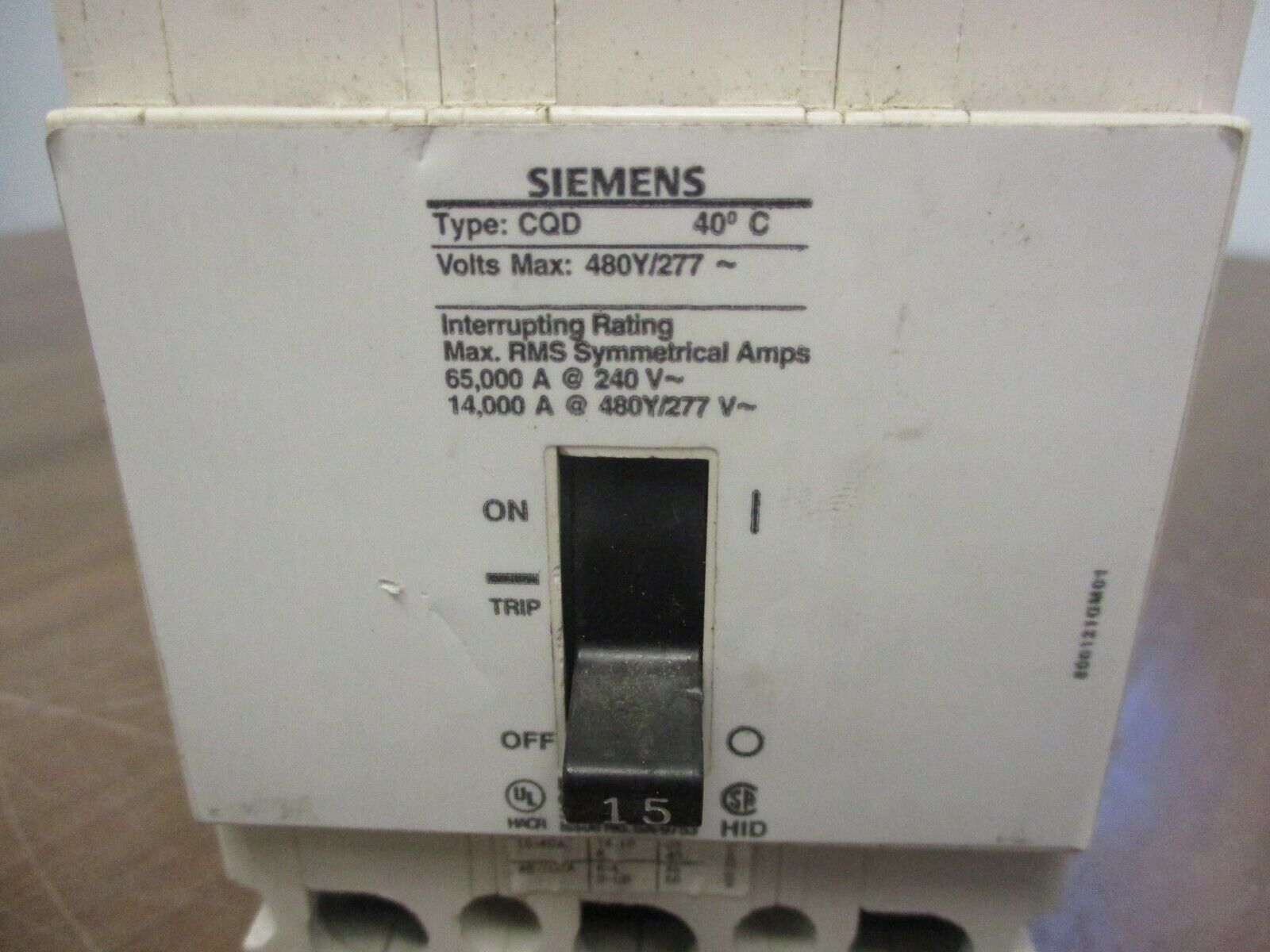 Siemens Circuit Breaker CQD315 15A 480Y/277V 3P Used