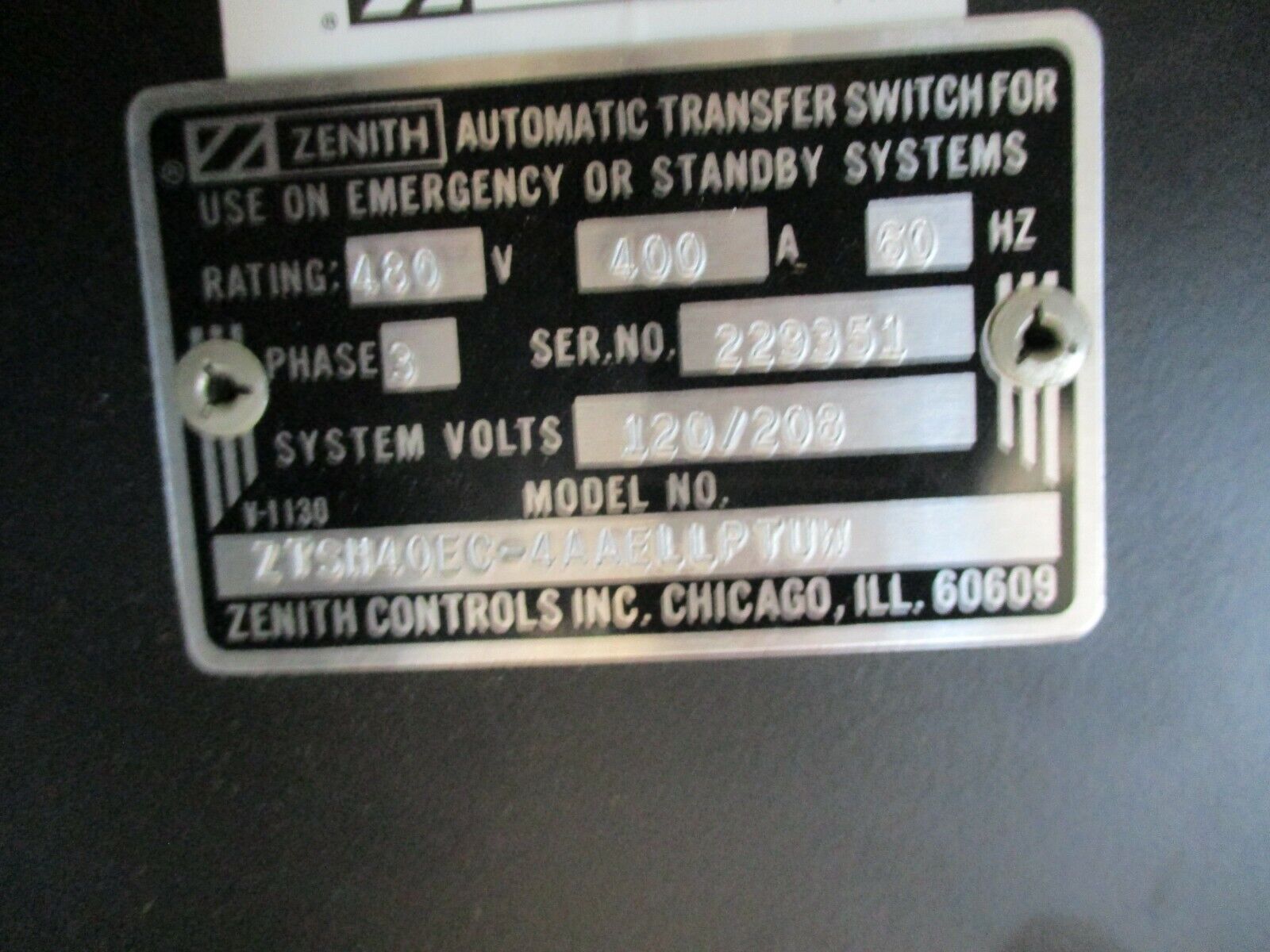 Zenith Automatic Transfer Switch ZTSH40EC-4AAAAELLPRTUW 400A 3Ph 60Hz Used