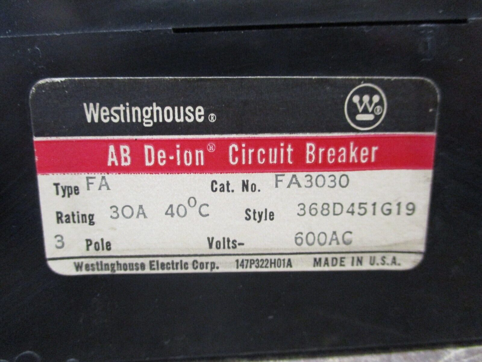 Westinghouse AB De-ion Circuit Breaker FA3030 30A 600V 3P Used