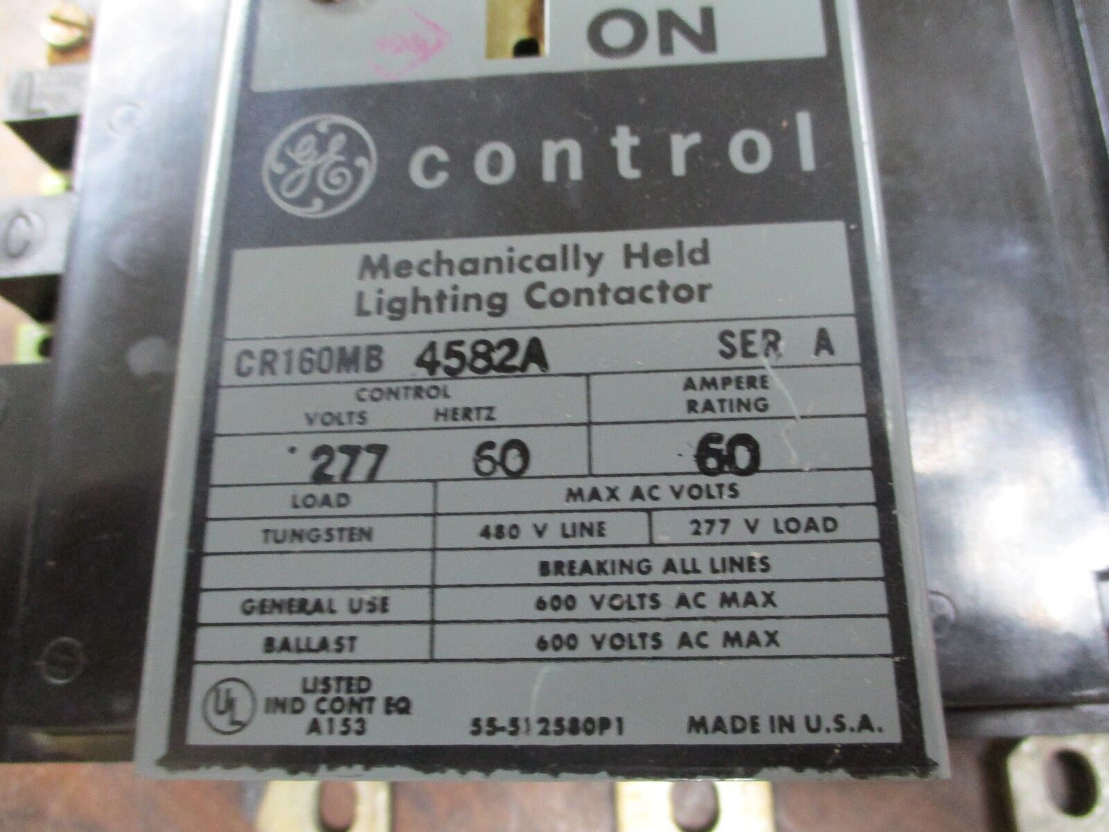 GE Mechanically Held Lighting Contactor CR160MB4582A 60A 600V Control:277V Used