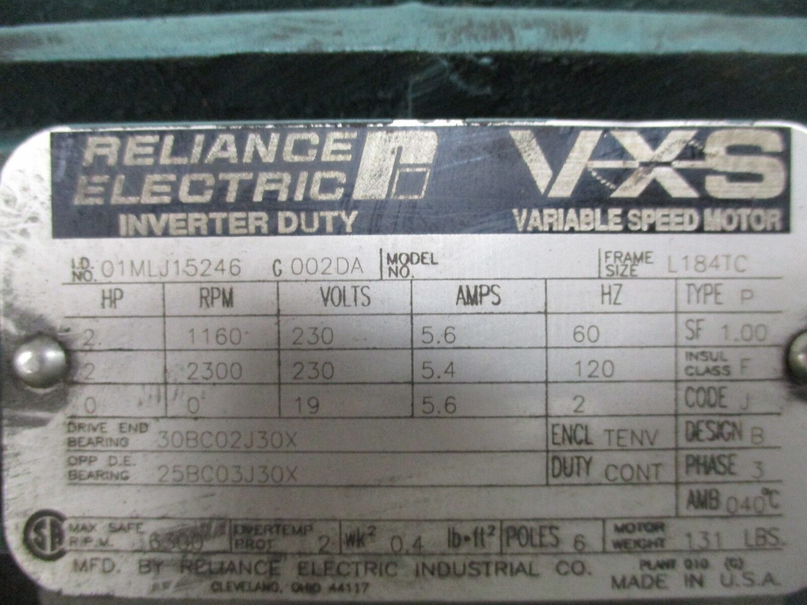 Reliance VXS Variable Speed Motor 01MLJ5246 C002DA 2HP 1160/2300RPM 230V Used