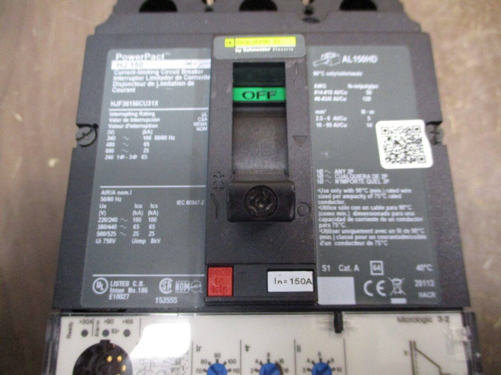 Square D PowerPact HJ 150 Circuit Breaker HJF36150CU31X 150A 600V 3P Used