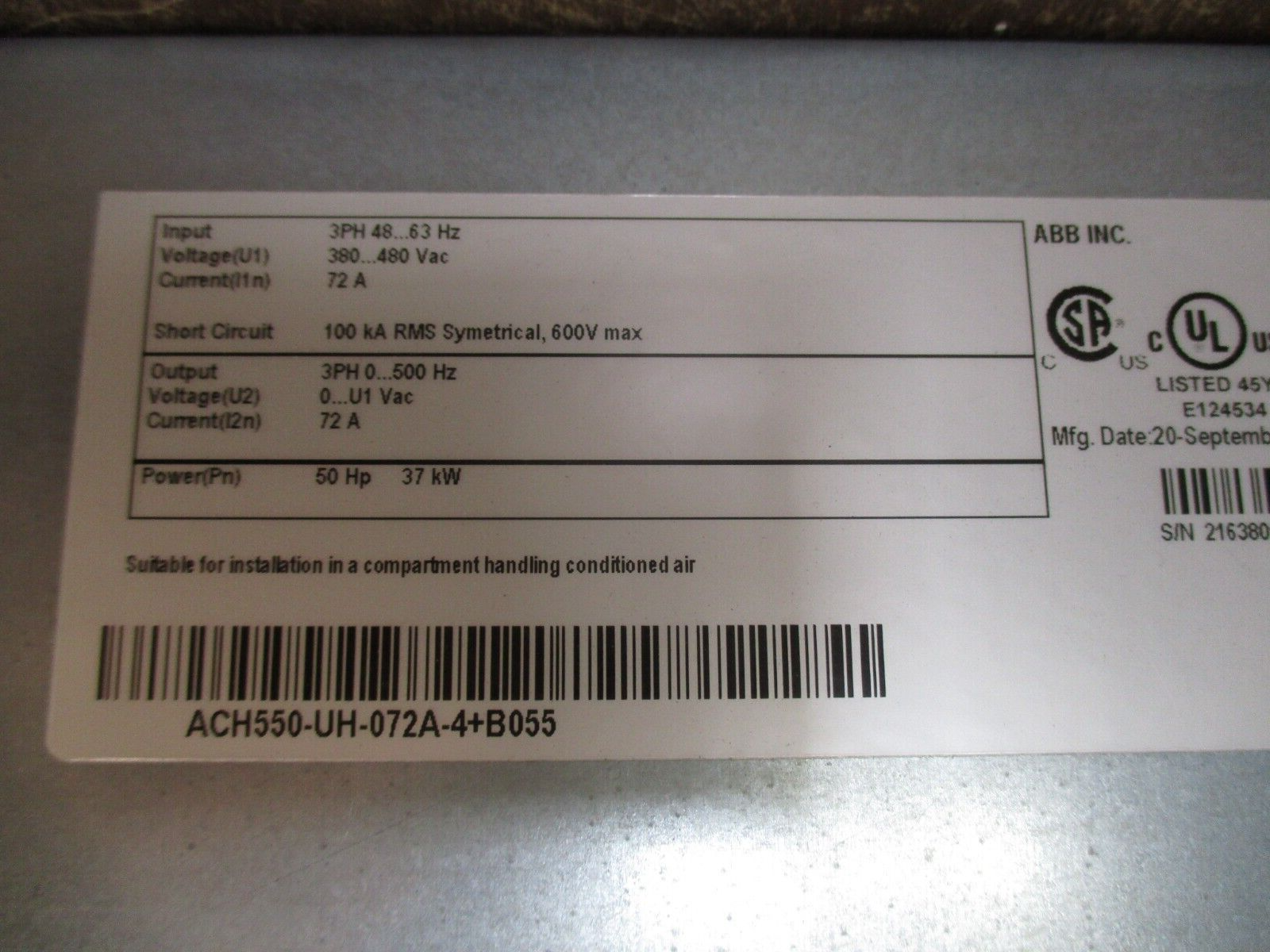 ABB ACH550 AC Drive ACH550-UH-072A-4+B055 50HP 3Ph w/ Keypad Type 12 Enclosure