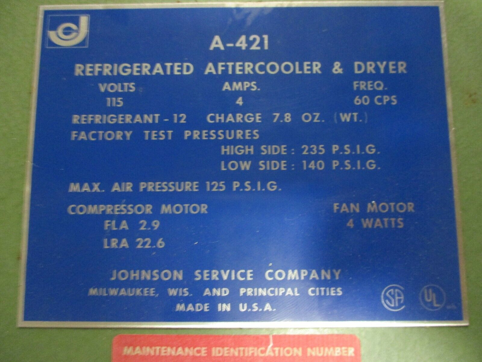 Johnson Refrigerated Aftercooler & Dryer A-421 115V 4A 60Hz R-12 125PSIG Used