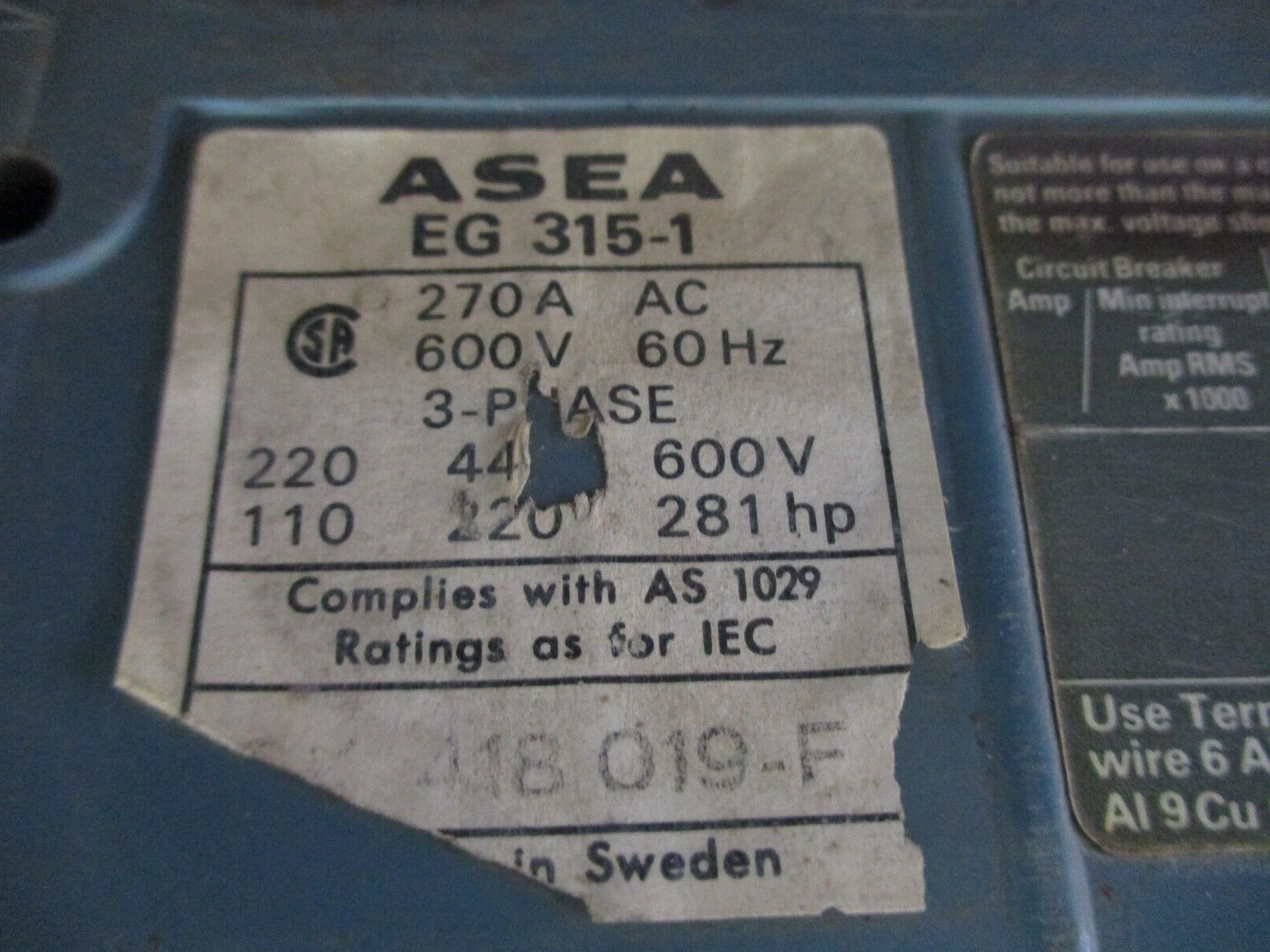 Asea Size 5 Contactor EG 315-1 270A 600V 110-120V Coil Used