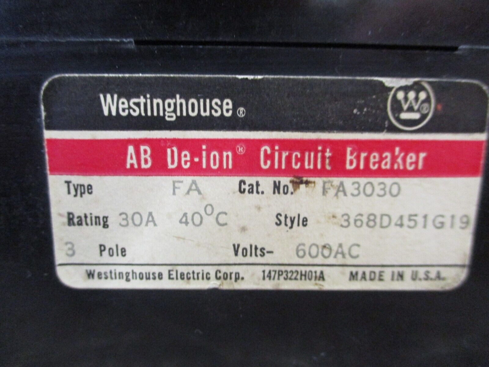 Westinghouse AB De-ion Circuit Breaker FA3030 30A 600V 3P Used