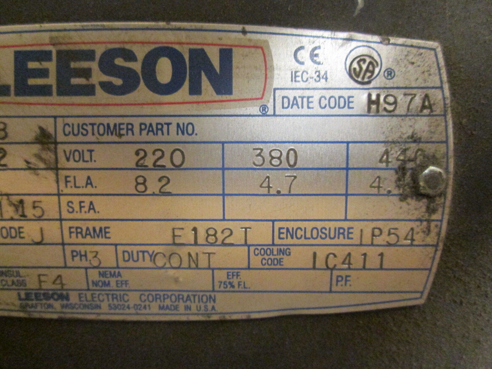 Leeson C184T14FB4B AC Motor 131277.00 3HP 1425RPM FR:E182T ENCL:IP54 New Surplus