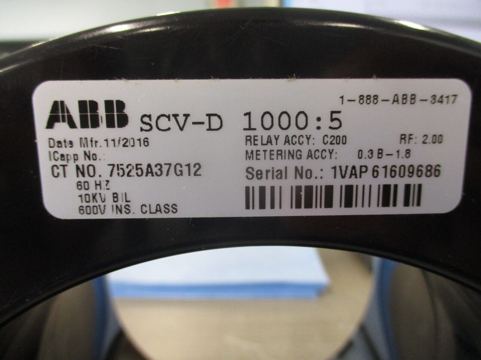 ABB SCV-D Current Transformer 7525A37G12 Ratio 1000:5A 600V 60Hz 10kV BIL Used