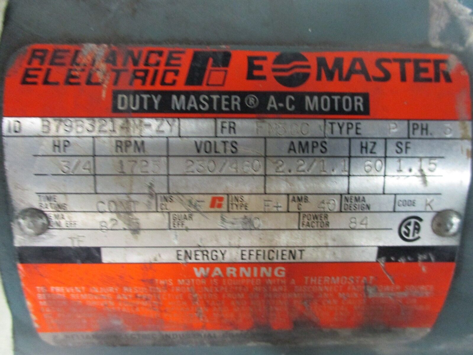 Reliance Duty Master AC Motor B79B3214M-ZY 3/4HP 1800RPM FR:FM56C 230/460V Used