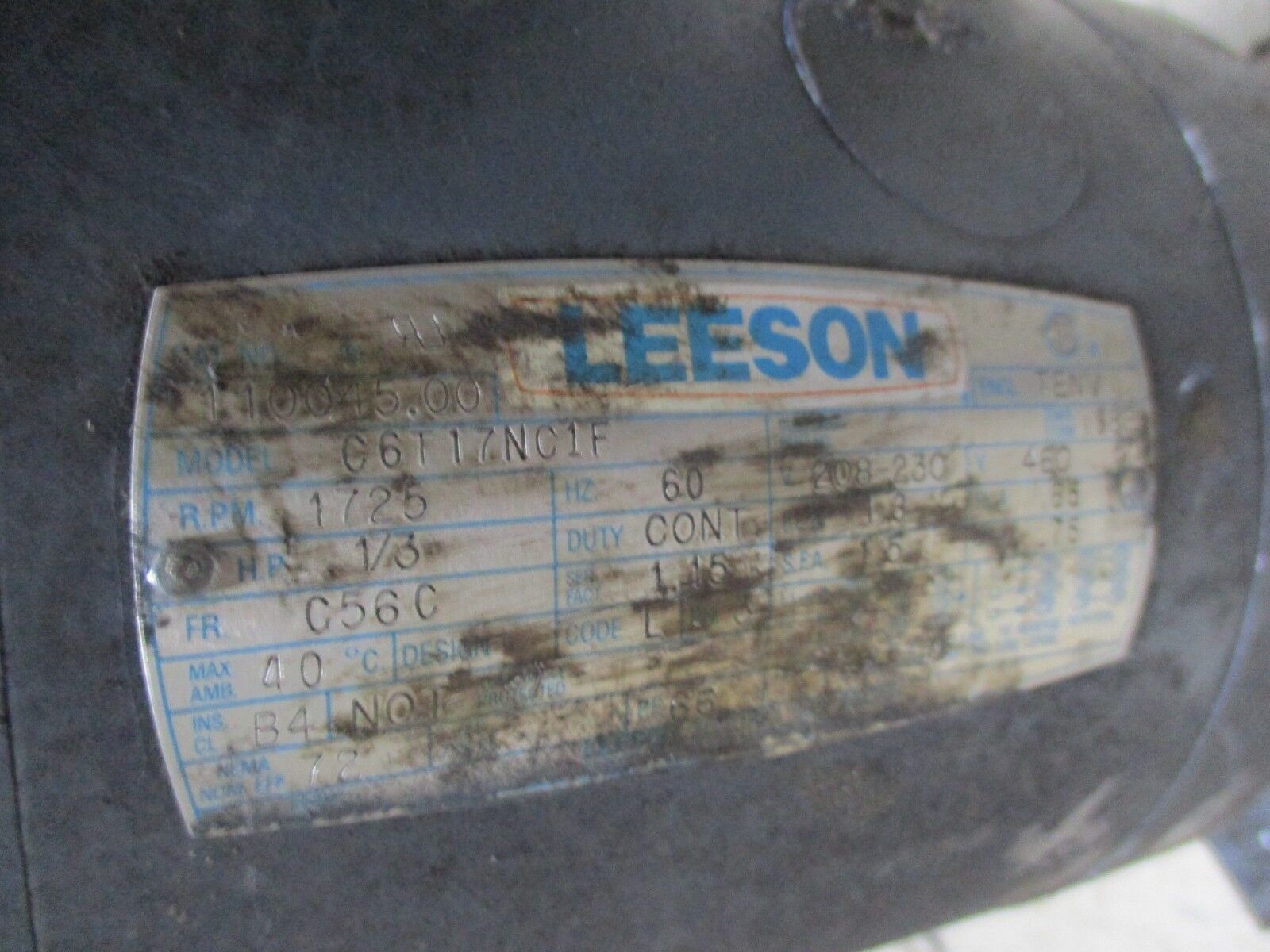 Leeson Motor w/ Gear C6T17NC1F 1/3HP 1800RPM 208-230/460V 1.3/.65A Fr: C56C Used