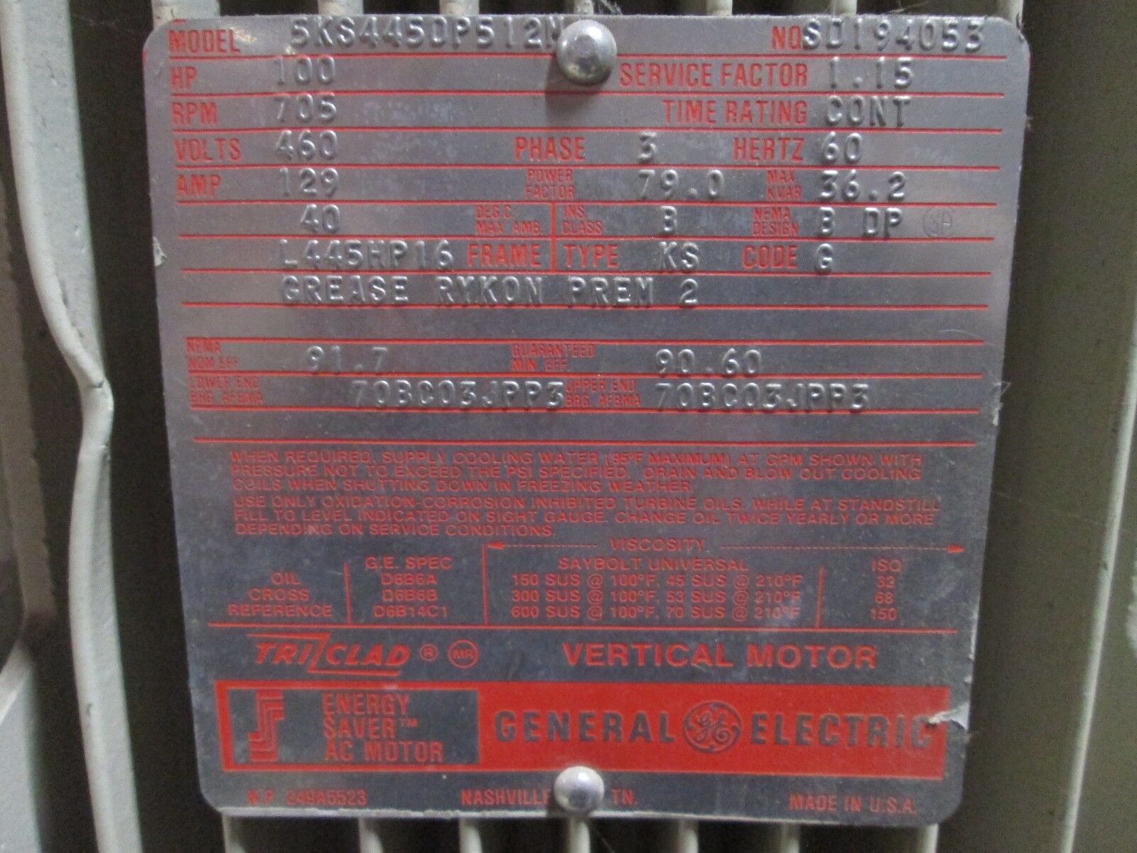 GE Vertical Mount Motor 5KS445DP512N 100HP 705RPM L445HP16 Frame 460V 3Ph Used