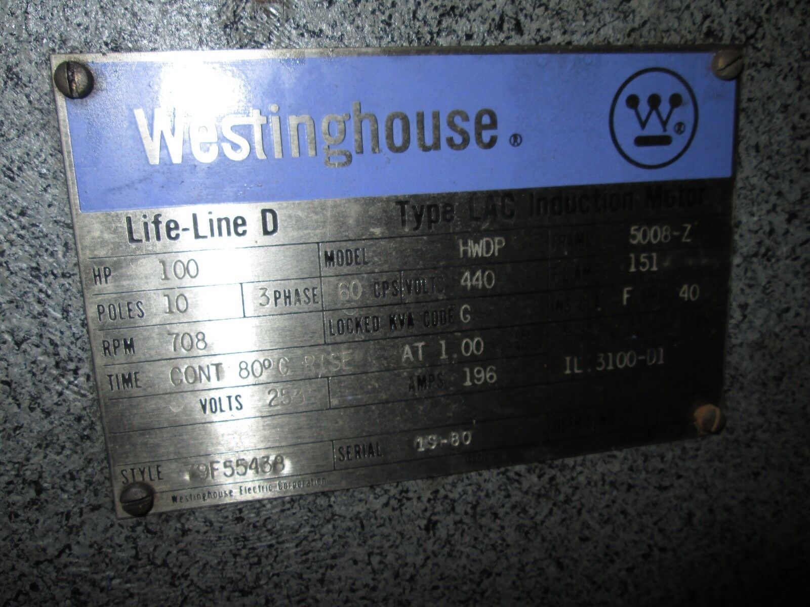 Westinghouse  Motor  HWDP  100HP  708 RPM's  5008-Z Frame  440V  151A