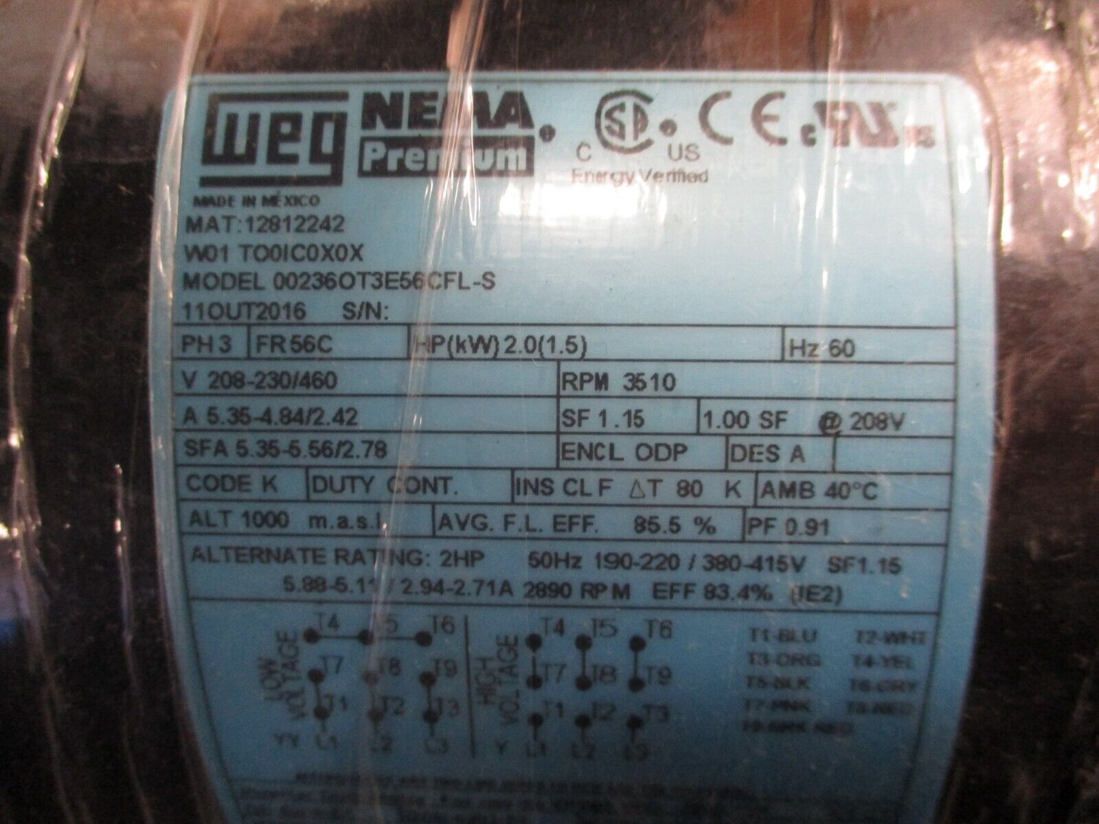 WEG Motor 12812242 2HP 3600RPM 208-230/460V 5.35-4.84/2.42A 60Hz 3Ph New Surplus