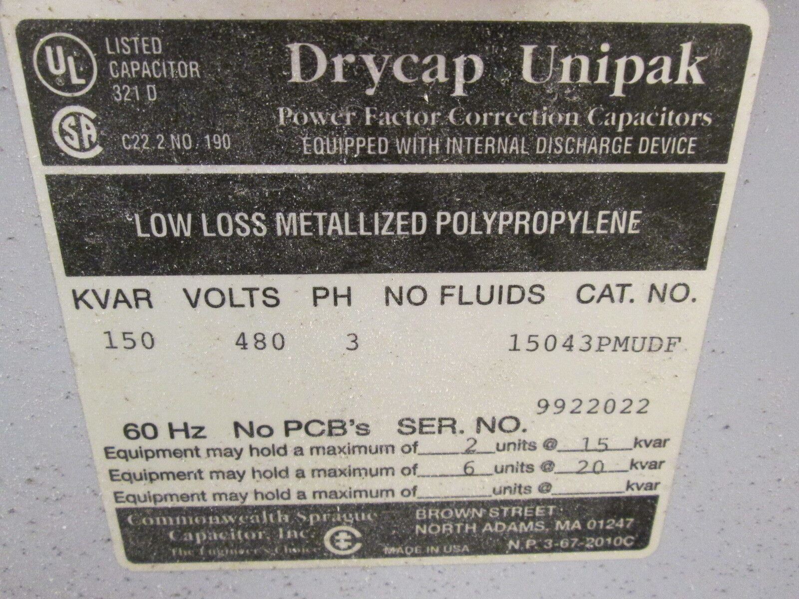 Commonwealth Sprague Drycap Unipak Capacitor 15043PMUDF 150KVAR 480V 3Ph 60Hz