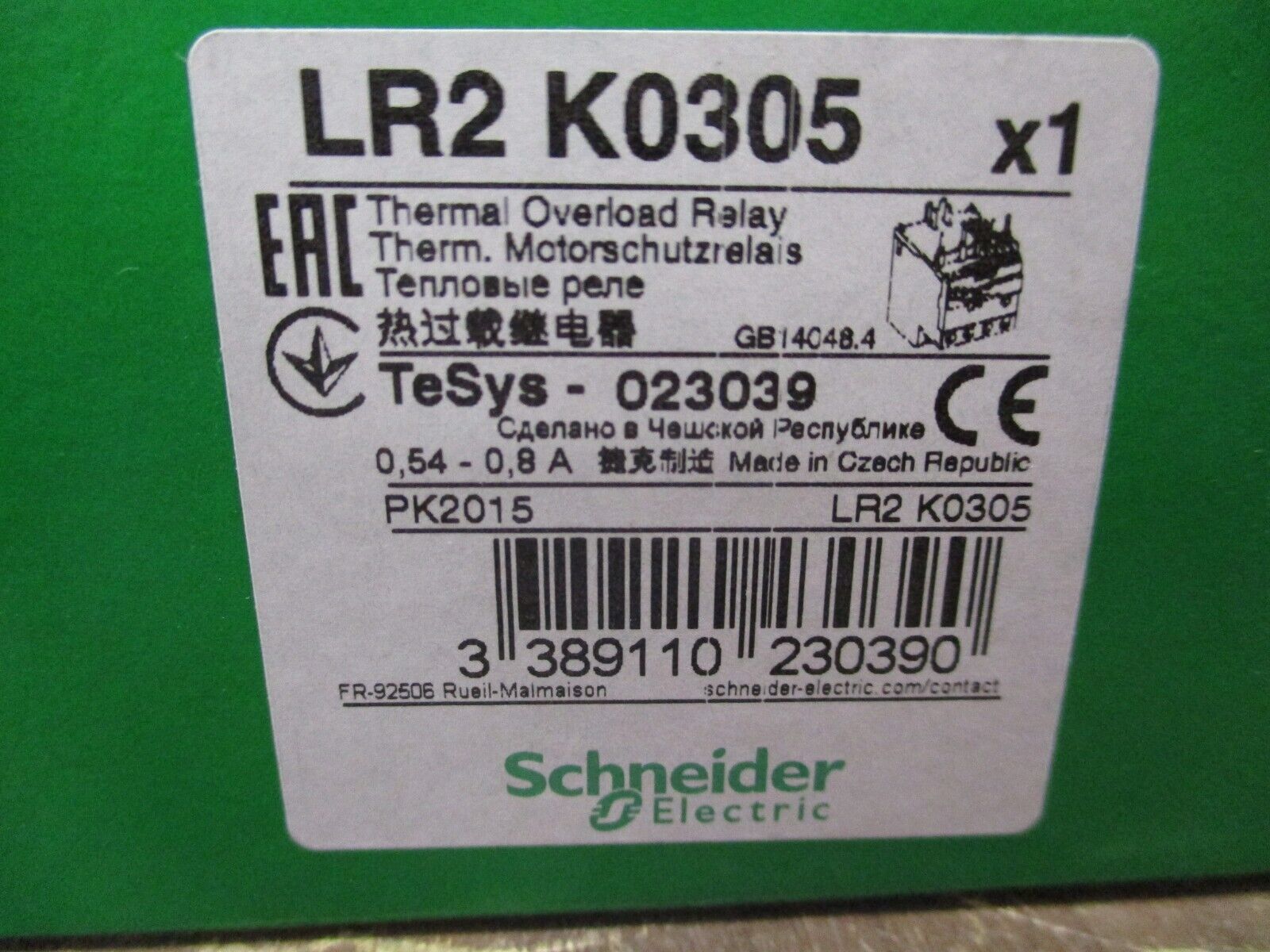 Schneider Electric Solid State Overload LR2 K0305 Trip: 0.54-0.8A New Surplus