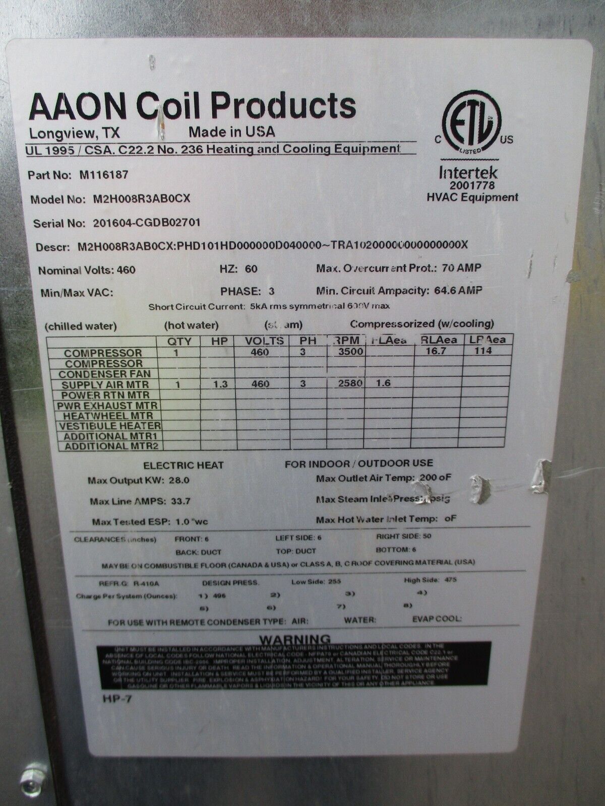 AAON Water-Source Heat Pump M116187 Model #: M2H008R3AB0CX 460V 60Hz 3Ph 64.6A