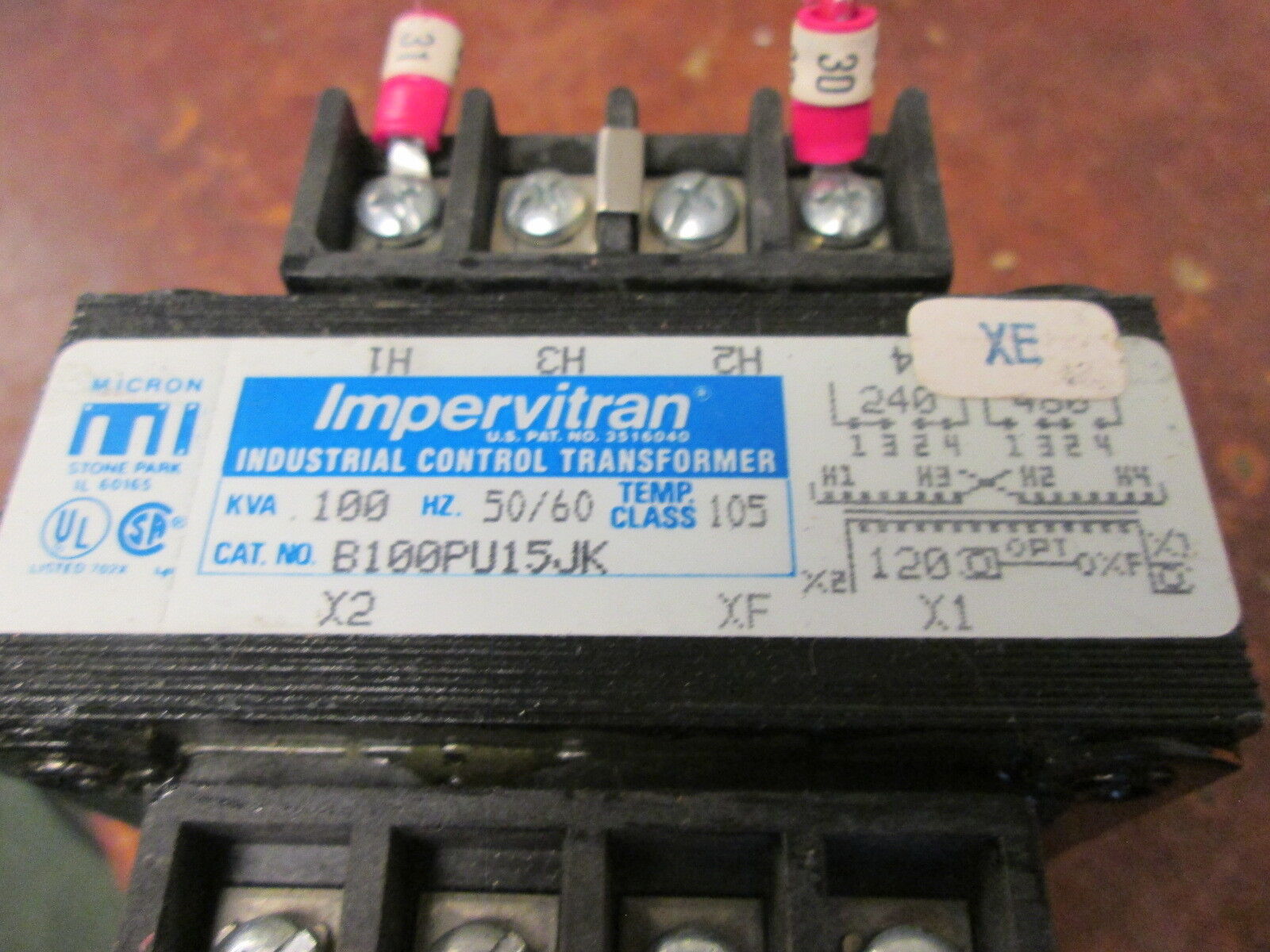 Micron Impervitran Control Transformer B100PU15JK 0.100KVA Pri: 240/480V Used