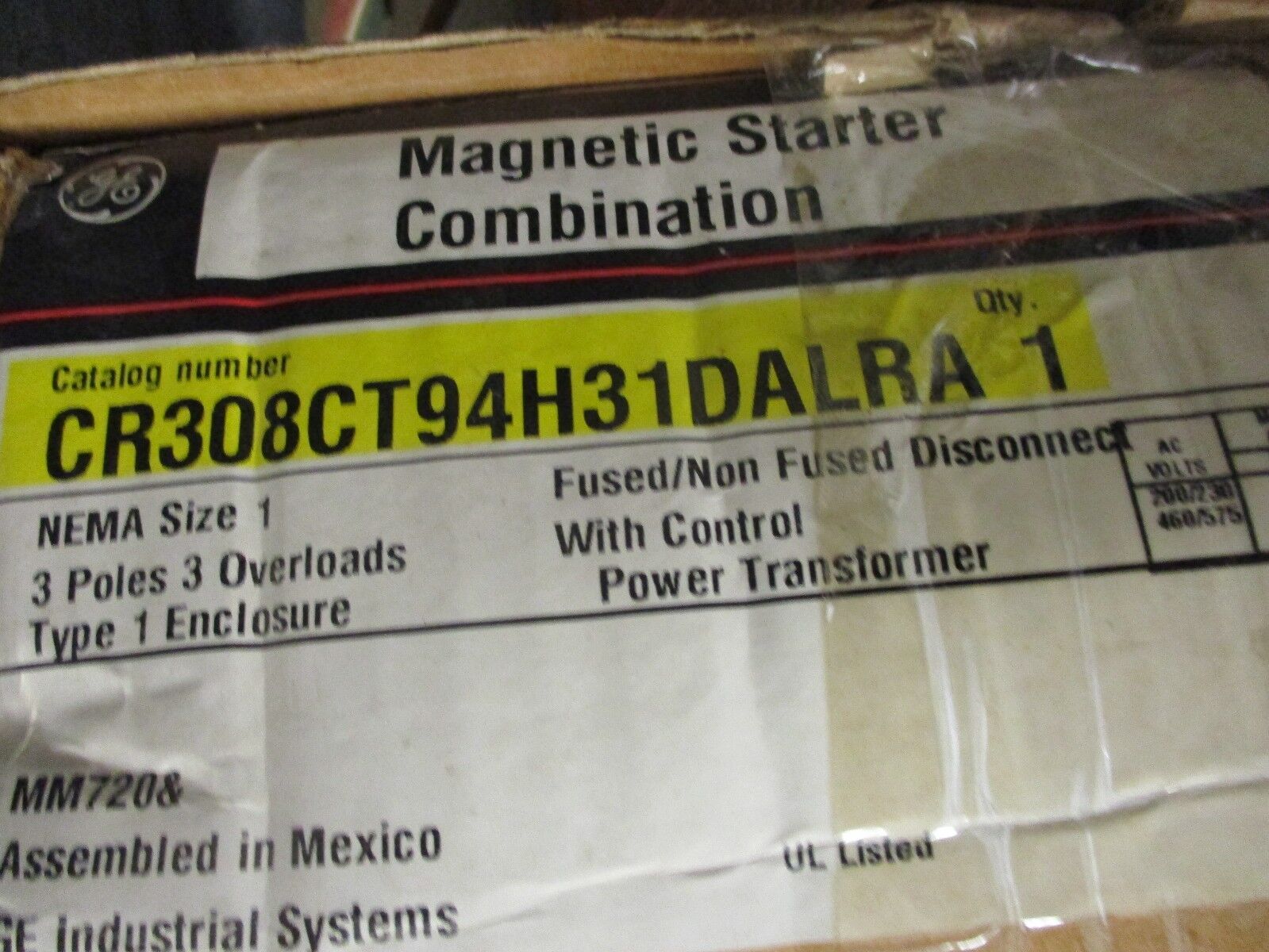 GE Fusible Size 1 Combination CR308CT94H31DALRA 115-120V Coil 27A 600V New