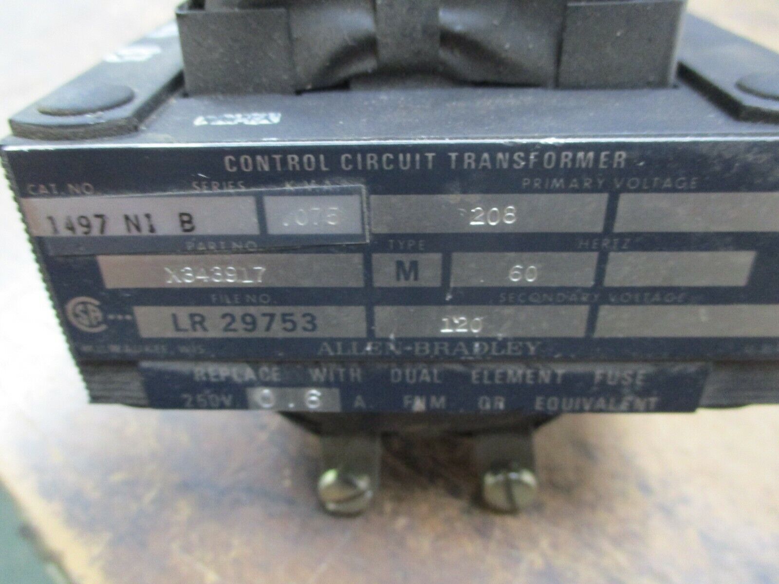 Allen-Bradley Type M Control Transformer 1497 N1 Ser. B 0.075KVA Pri: 208V Used