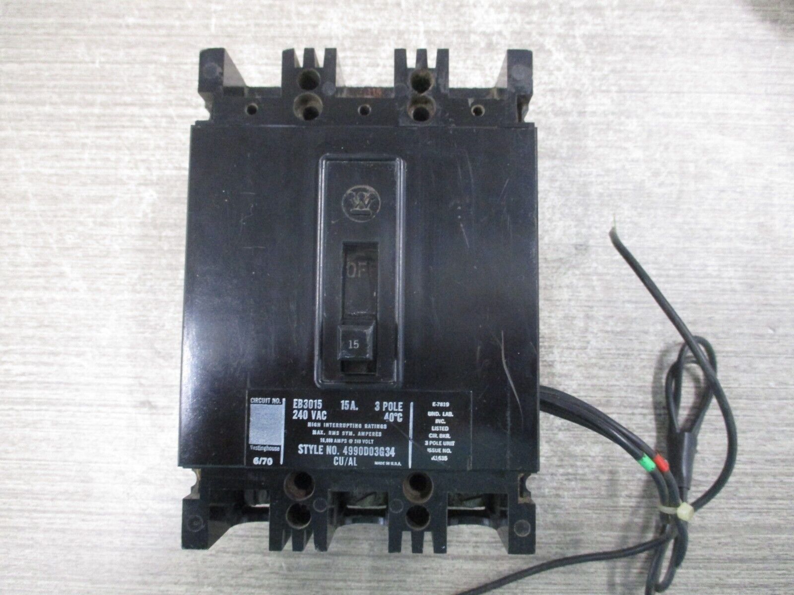 Westinghouse Circuit Breaker EB3015 15A 240V 3Ph Used