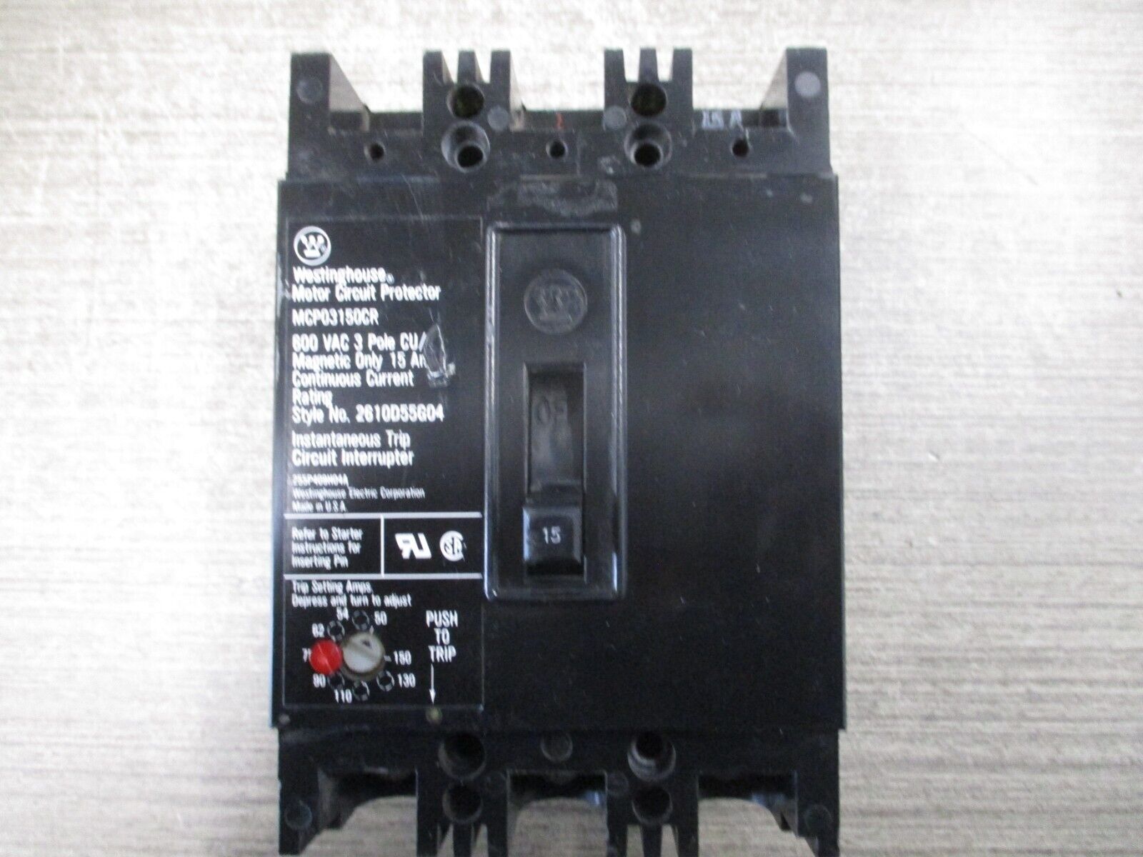 Westinghouse Circuit Breaker MCP03150CR 15A 600V 3P W/Trip Lock Used