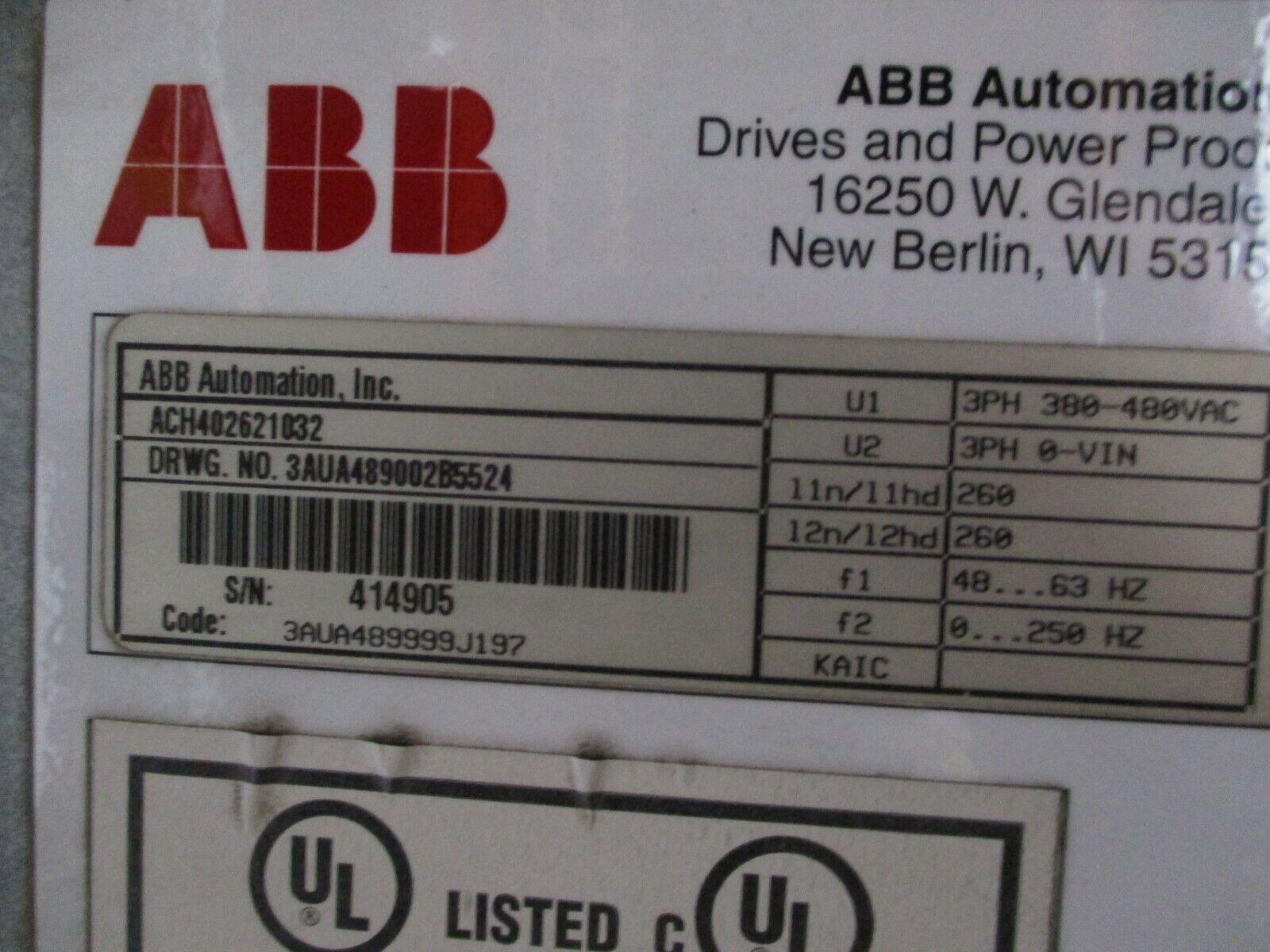 ABB ACH400 AC Drive ACH402621032 200HP 3Ph w/ Keypad Used