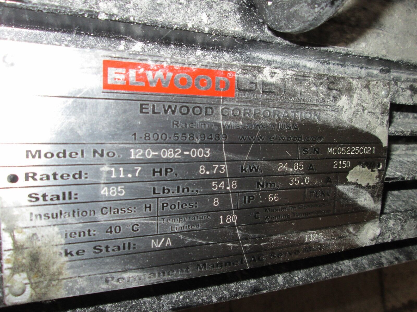 Elwood AC Servo Motor 120-082-003 11.7HP 2150RPMs 8P 24.85A Seller Refurbished