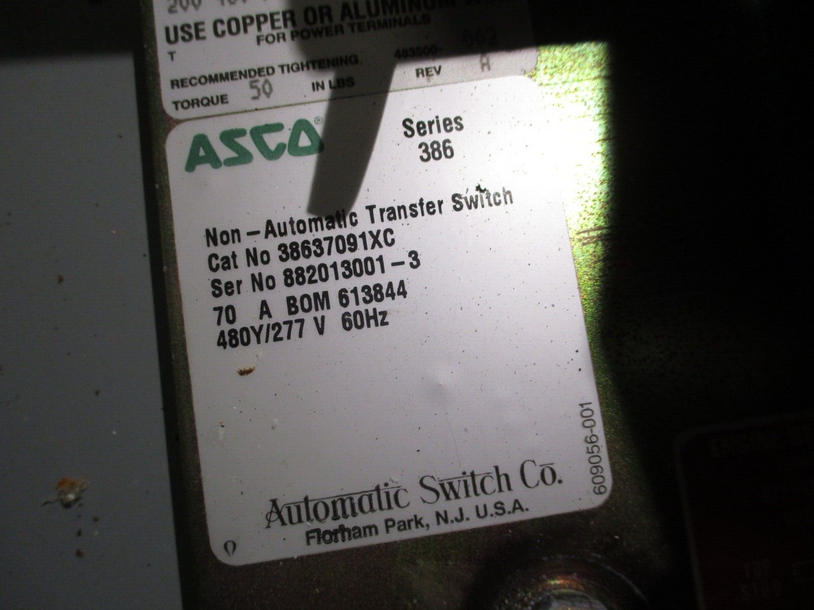 Asco Series 386 Non-Automatic Transfer Switch 38637091XC 70A 480Y/277V 60Hz 3Ph