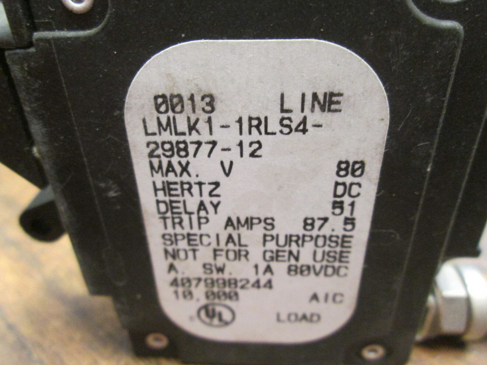 Airpax DC Circuit Breaker LMLK1-1RLS4-29877-12 70A 80VDC 1P Used