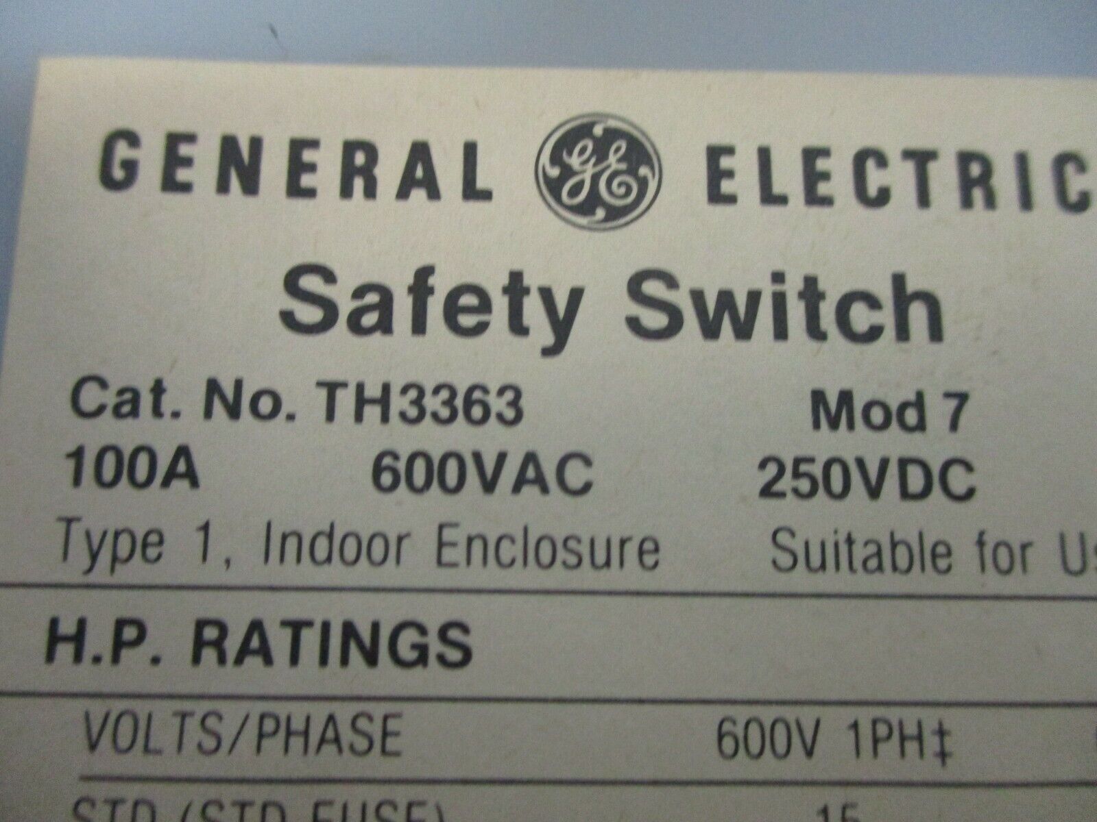 GE Fusible Safety Switch/Disconnect TH3363 Mod 7 100A 600V 2P Used