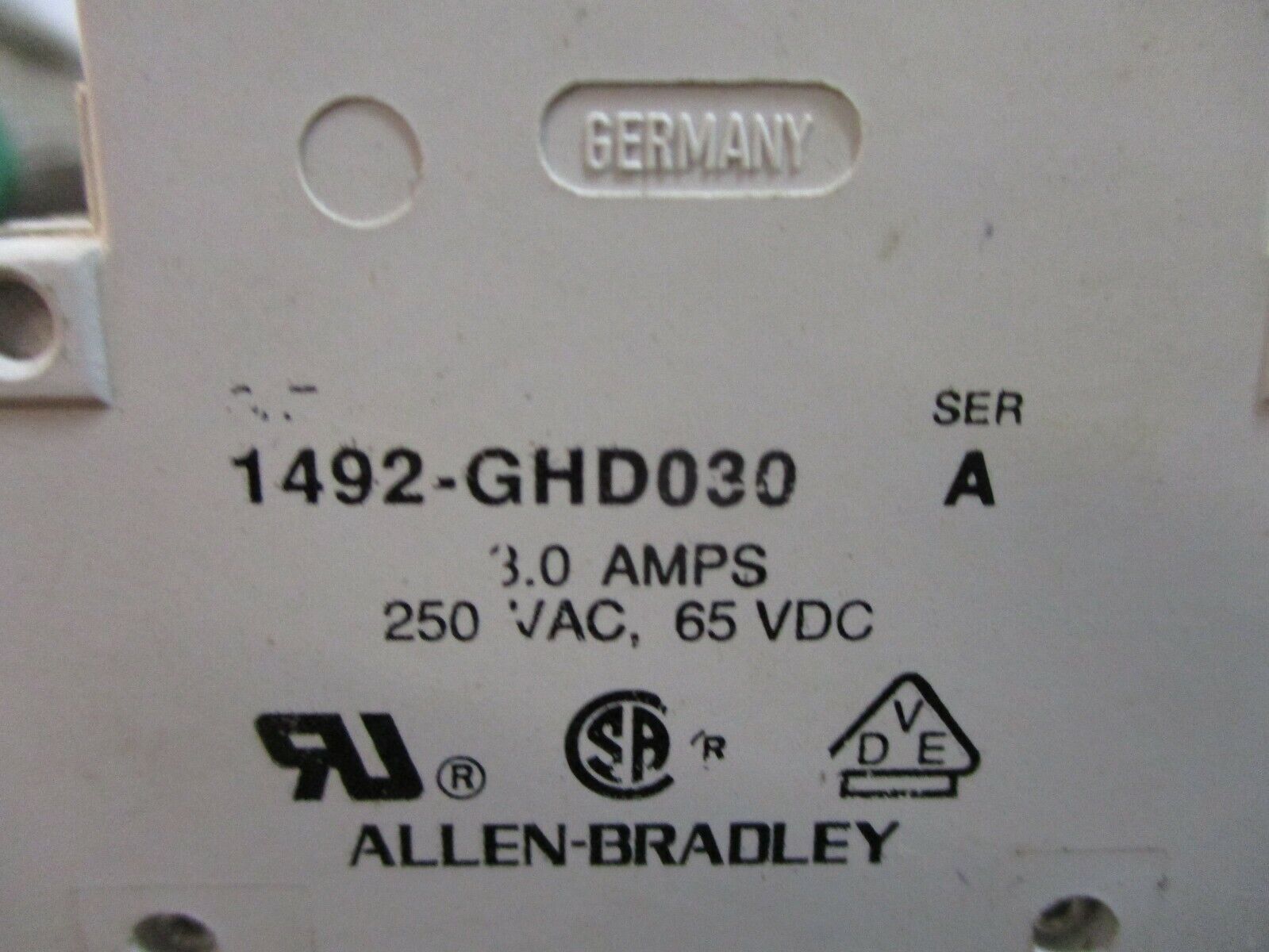 Allen-Bradley Circuit Breaker 1492-GHD030 Ser. A 3.0A 250/65VDC 2P Used