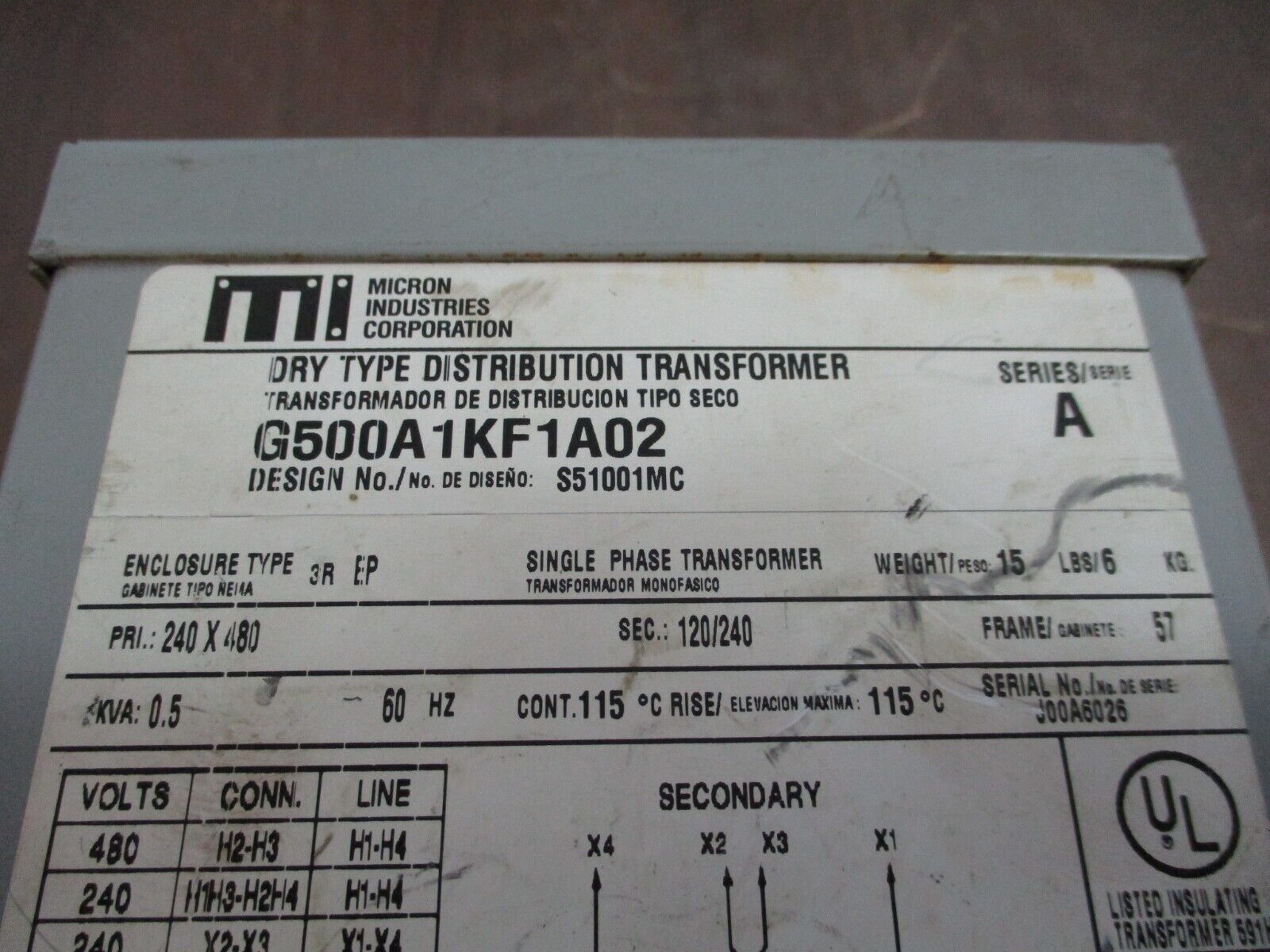 Micron Industries Transformer G500A1KF1A02 Ser. A 0.5kVA Pri: 240/480V 60Hz Used