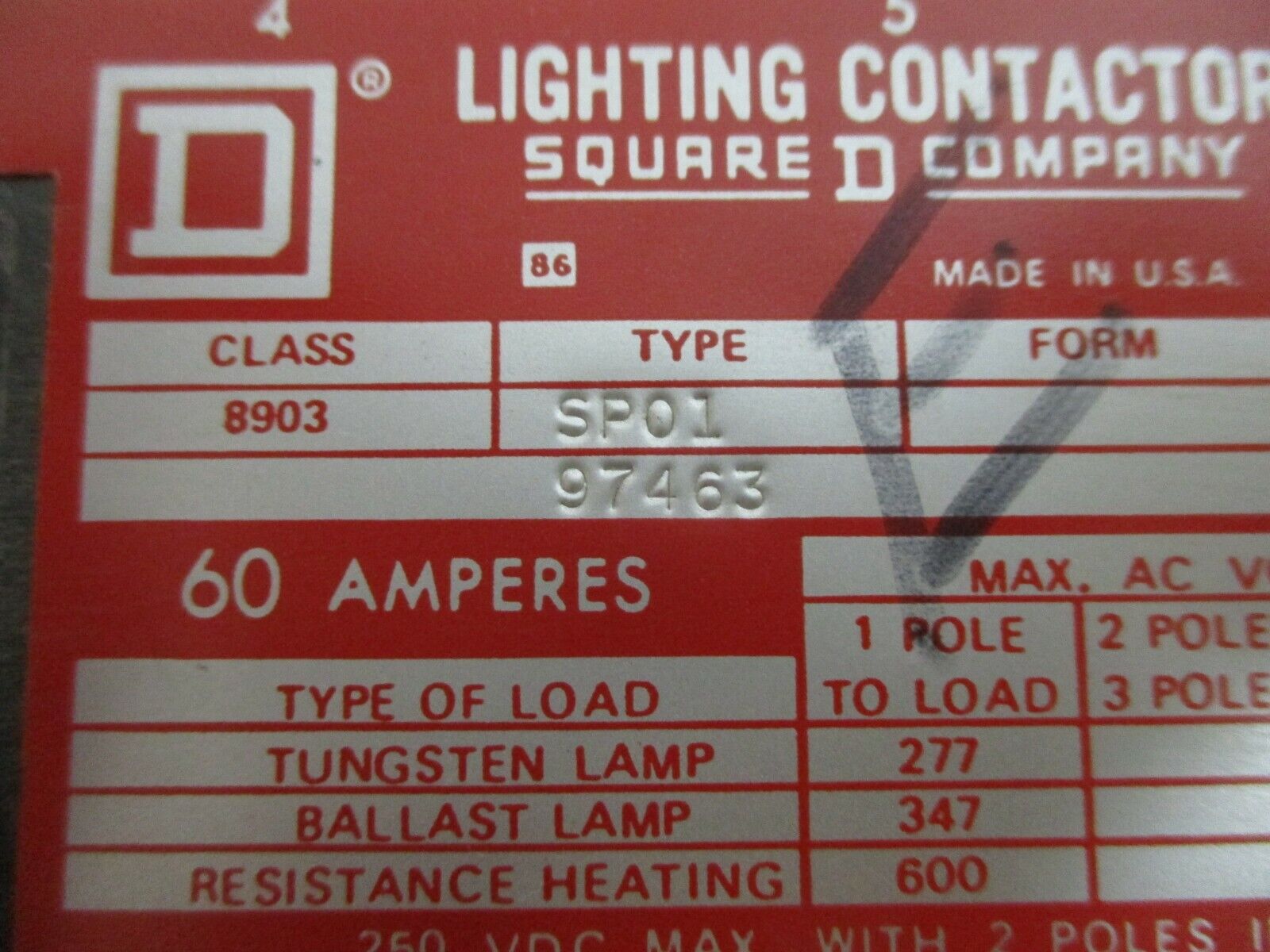 Square D Lighting Contactor 8903 SP01 120V Coil 60A 600V Used