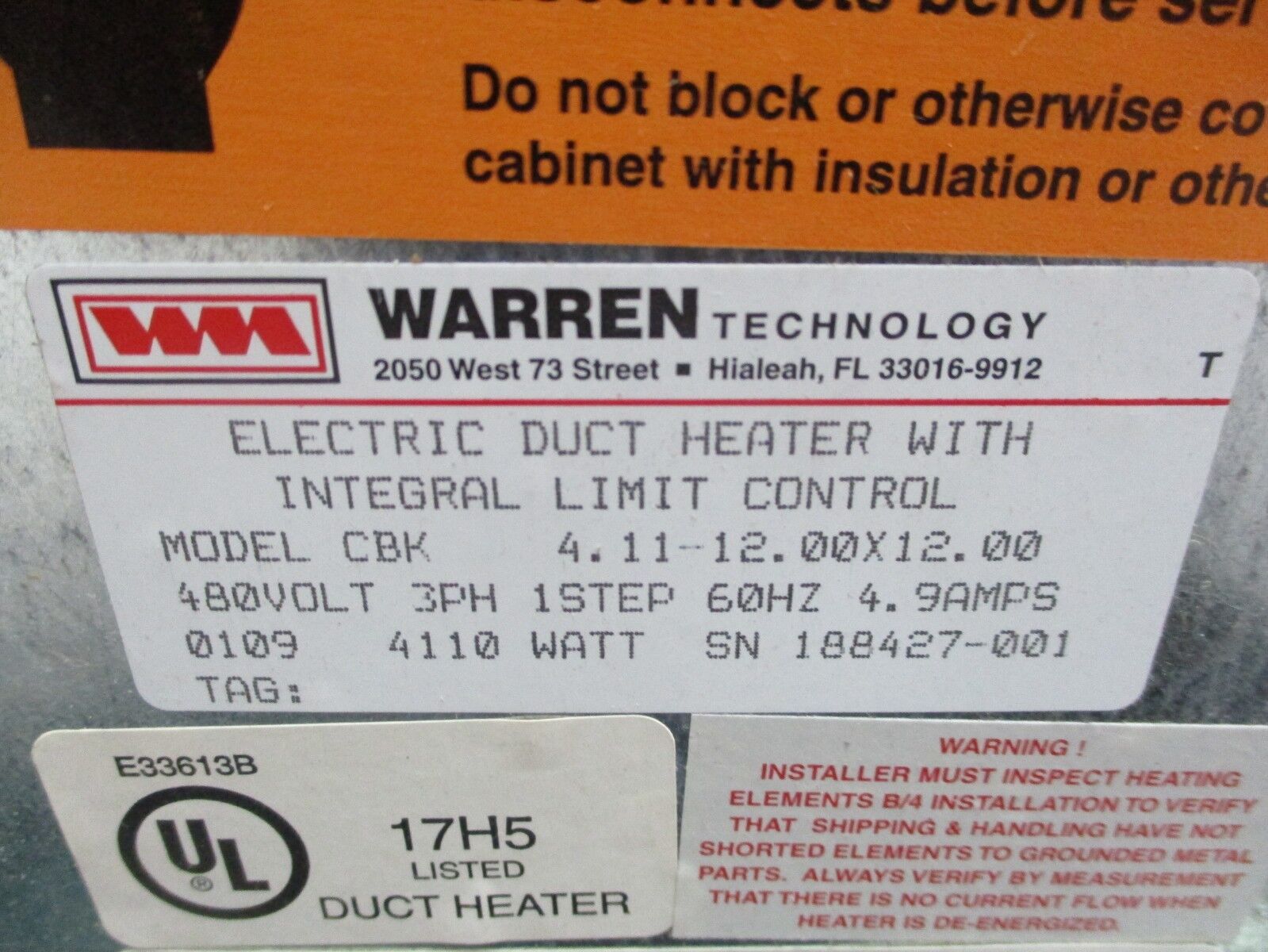 Warren Electrical Duct Heater CBK 4.11-12.00X12.00 480V 3Ph 60Hz 4.9A 1-Step