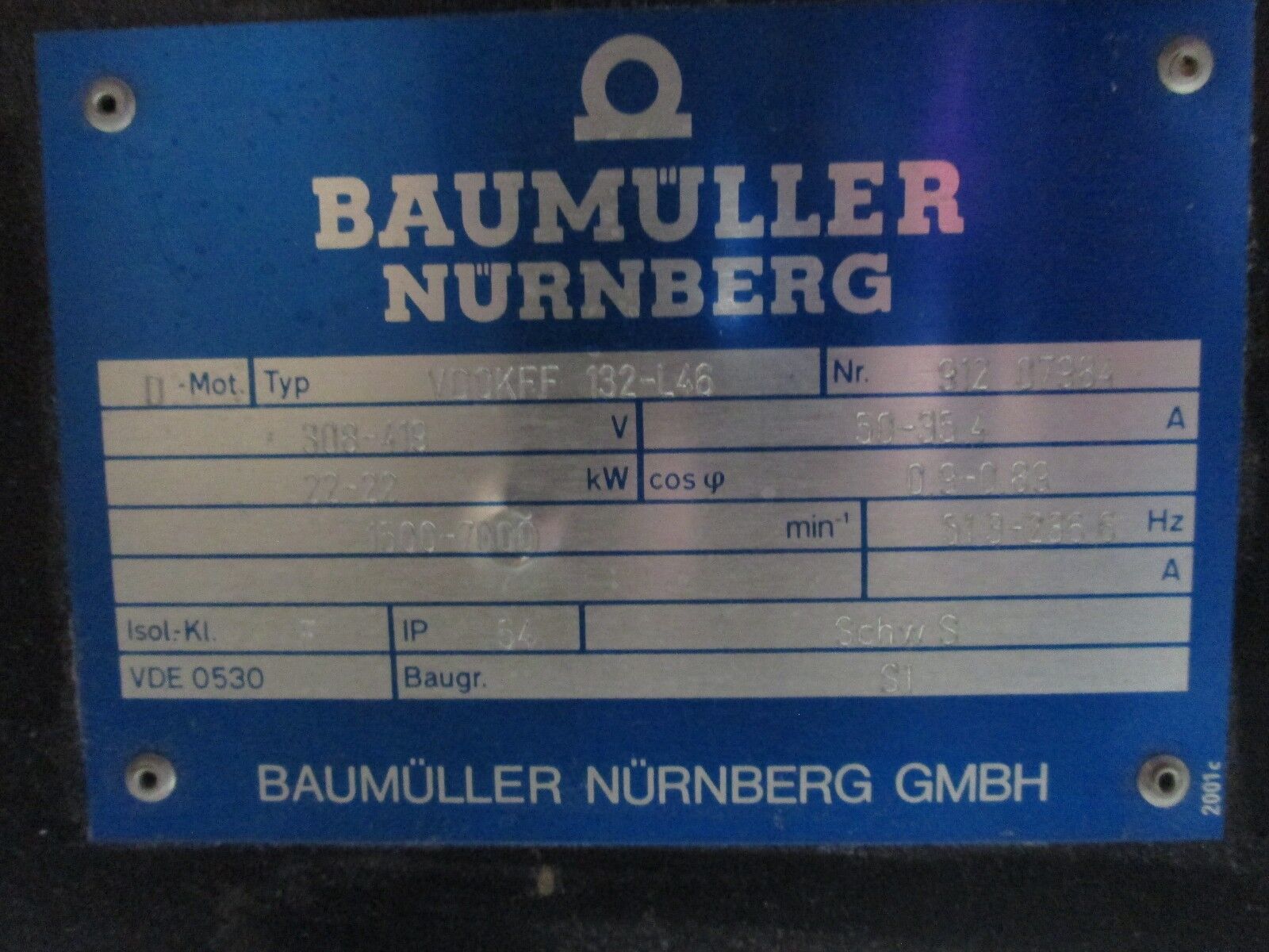 Baumuller Nurnberg Servo Motor VDOKFF 132-L46 22KW 1500-7000RPM 308-419V Used