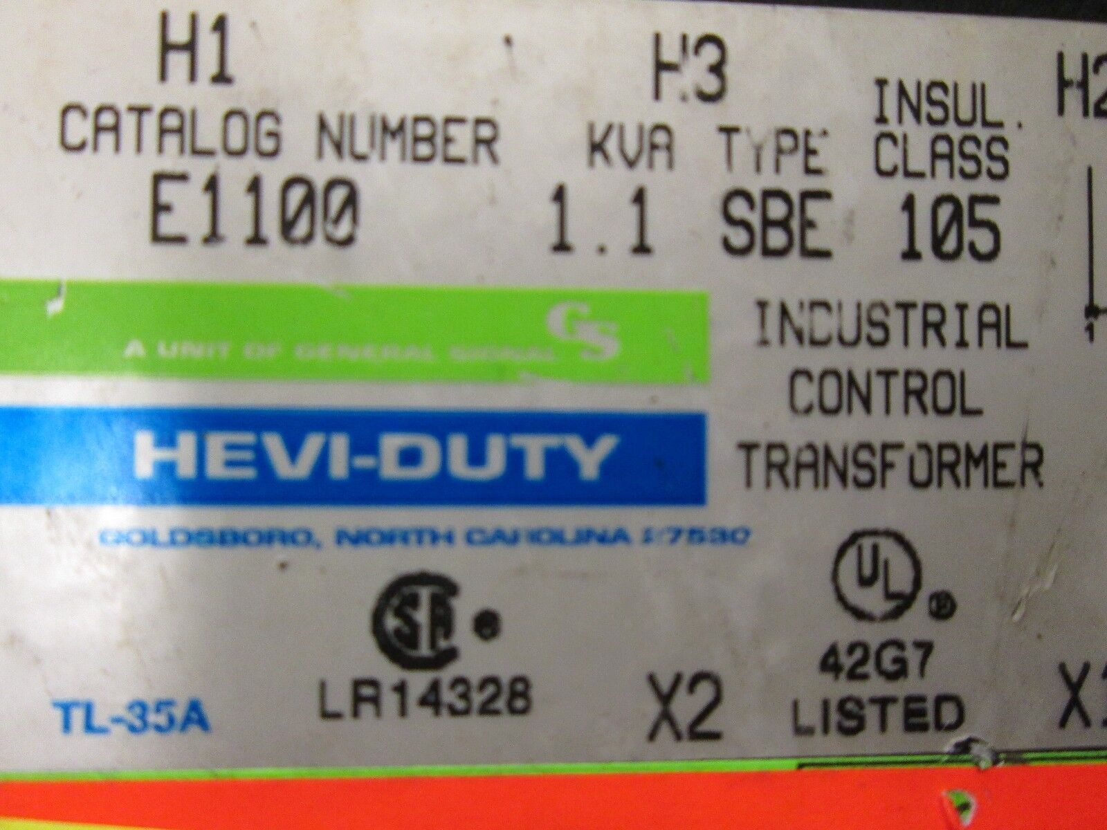 Hevi-Duty Control Transformer E1100 1.1KVA Pri 240/480V Sec 120V Used