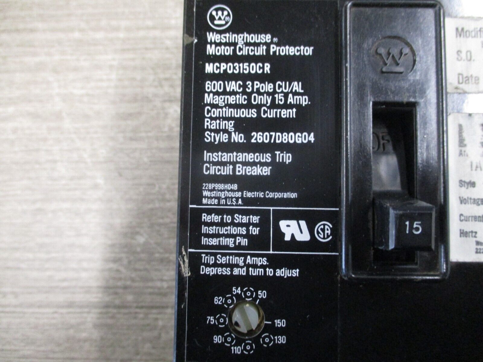 Westinghouse Motor Protector Circuit Breaker MCP03150CR Trip: 50-150A 600V 3P