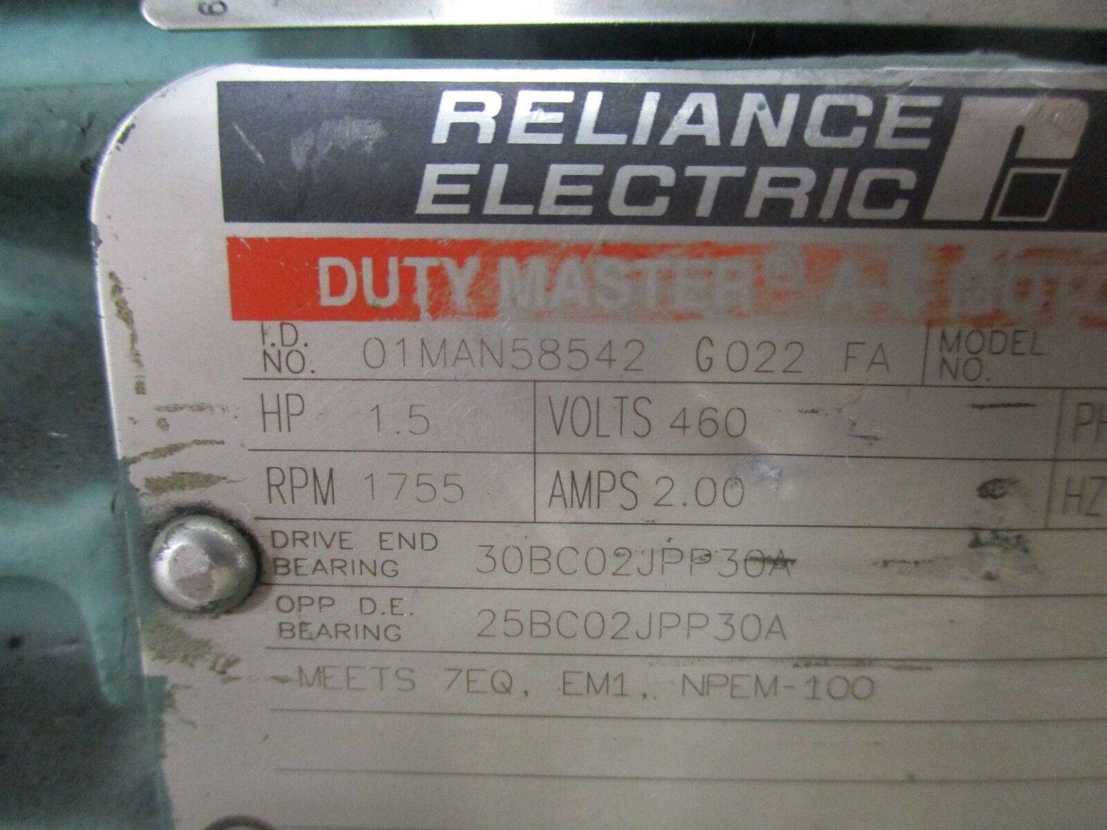 Reliance AI Duty Master AC Motor 01MAN58542 G022 FA 1.5HP 1800RPM 460V 2A Used