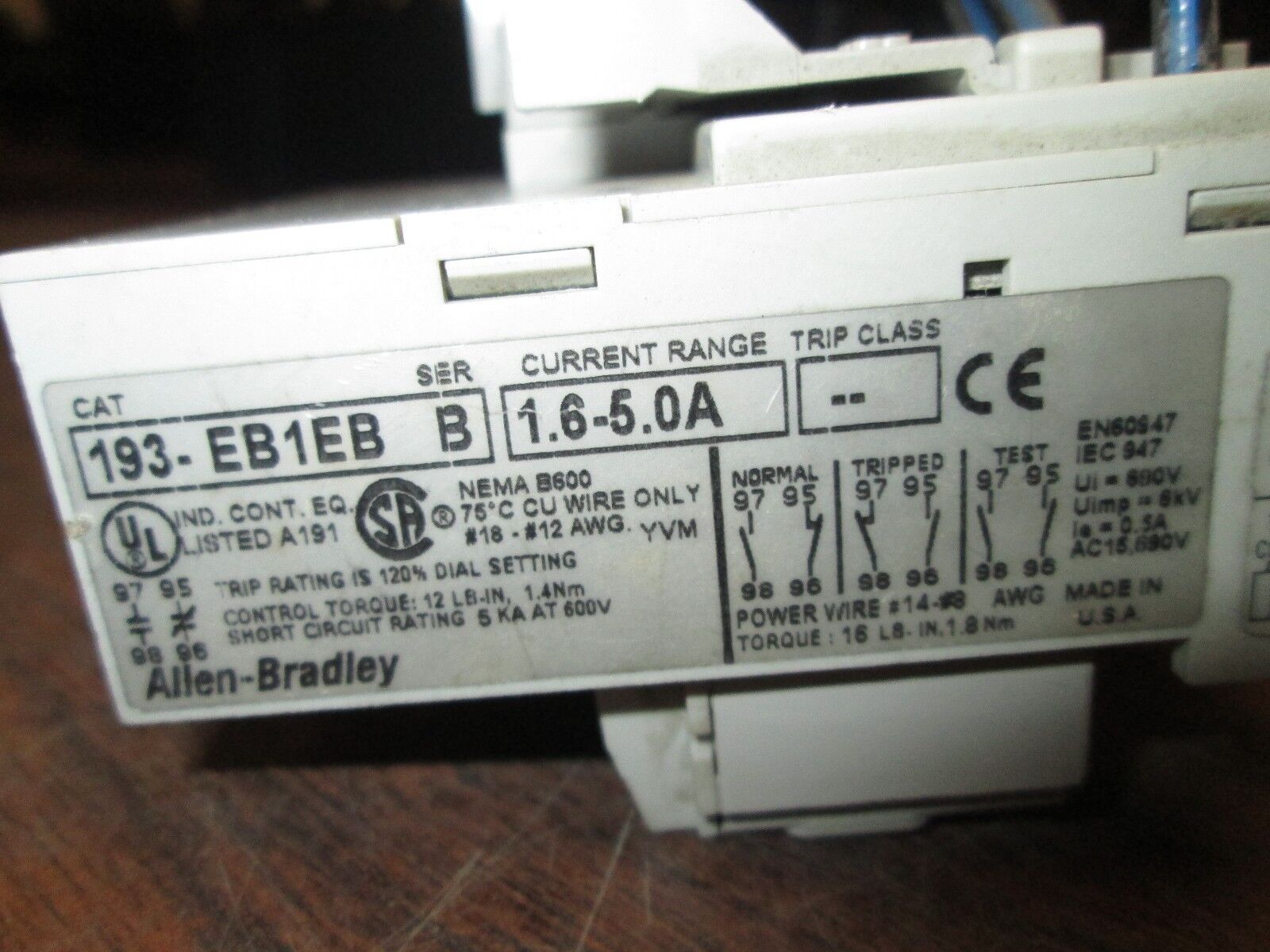 Allen-Bradley Overload Relay 193-EB1EB Range: 1.6-5.0A Used