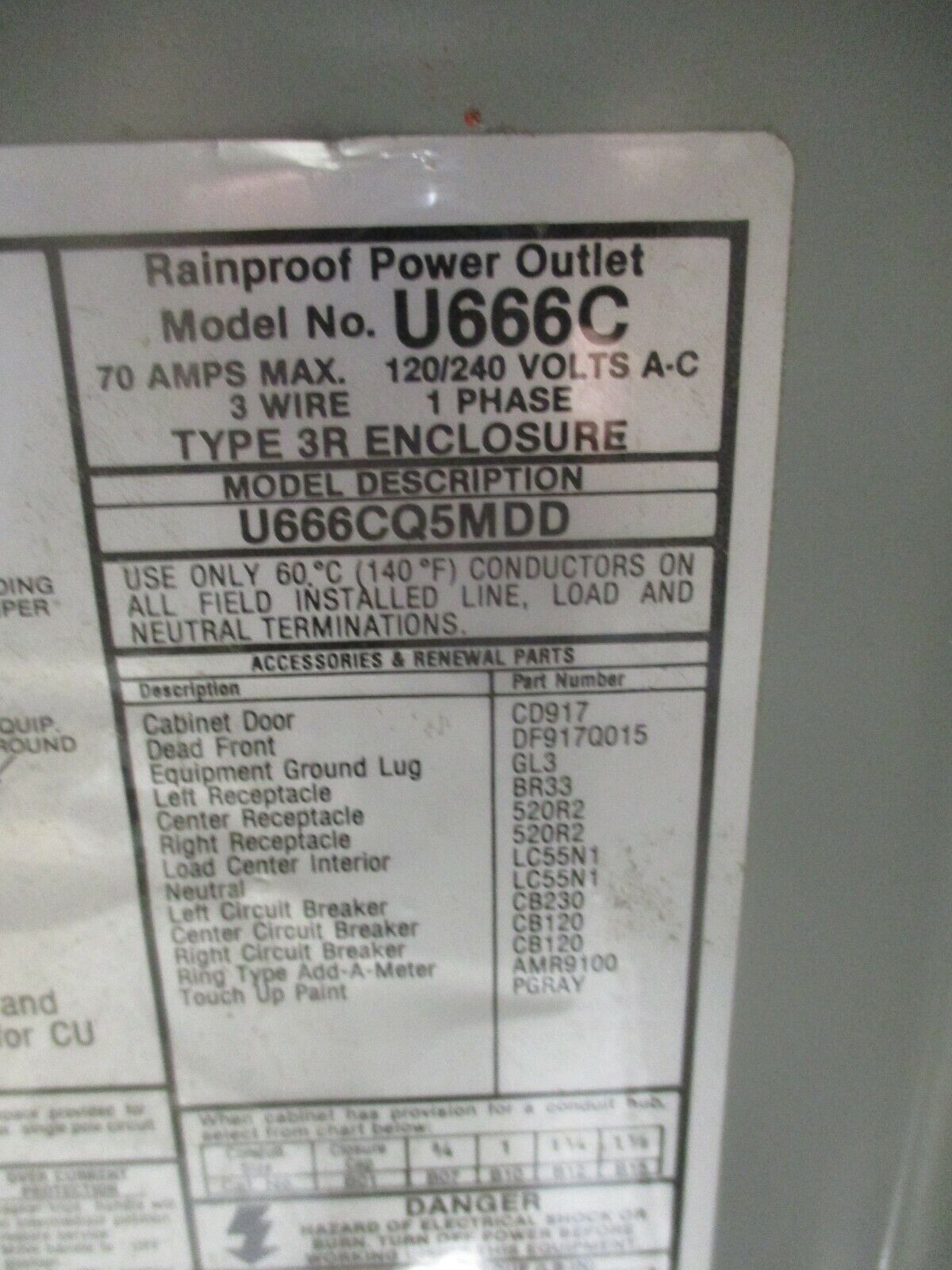 Midwest Rainproof Power Outlet U666CQ5MDD 70A 120/240V 1Ph 3W 3R Enclosure Used