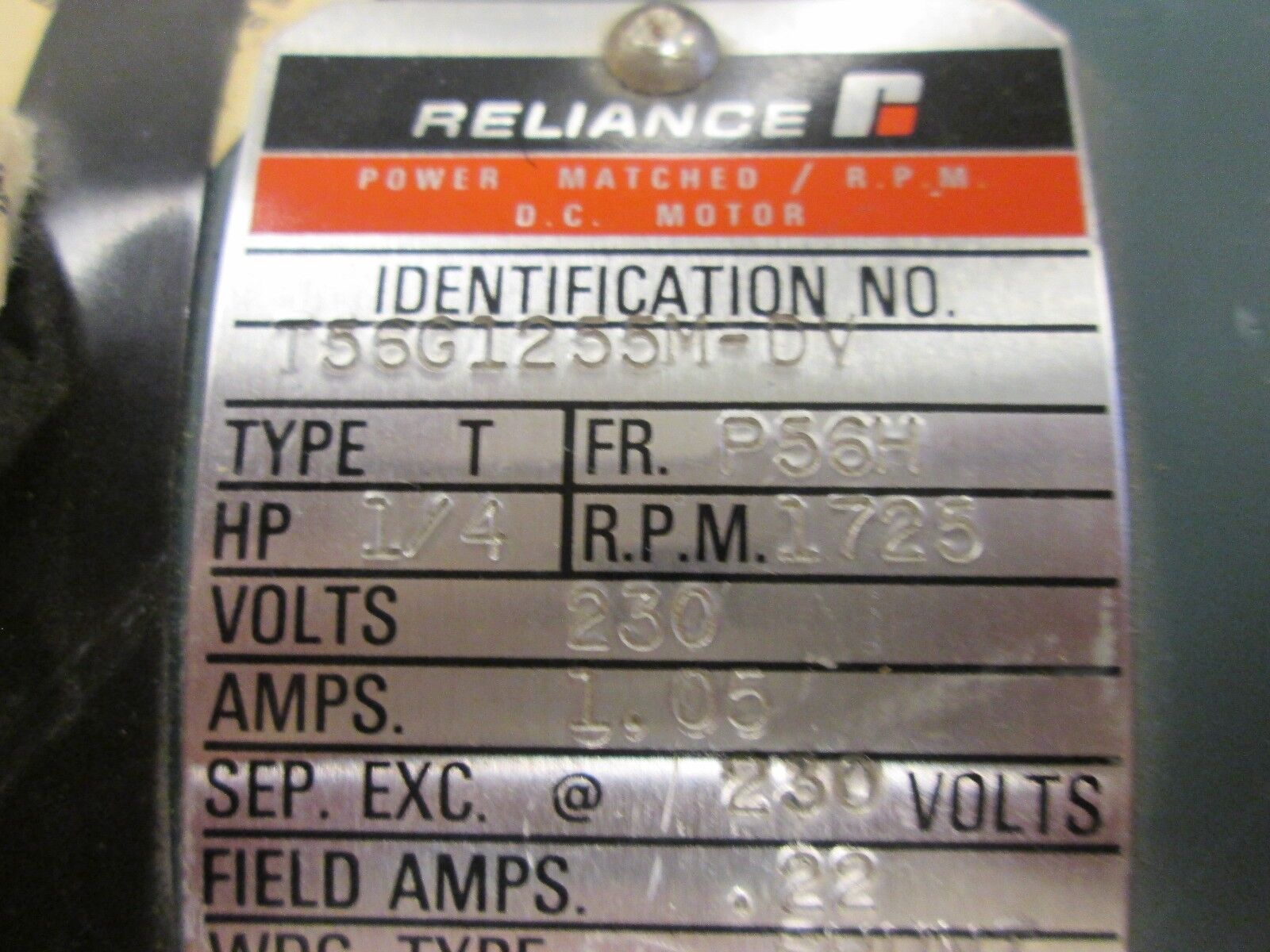 Reliance Electric DC Motor T56G1255M-DV 1/4HP 1725 RPM 230V 1.05A New Surplus