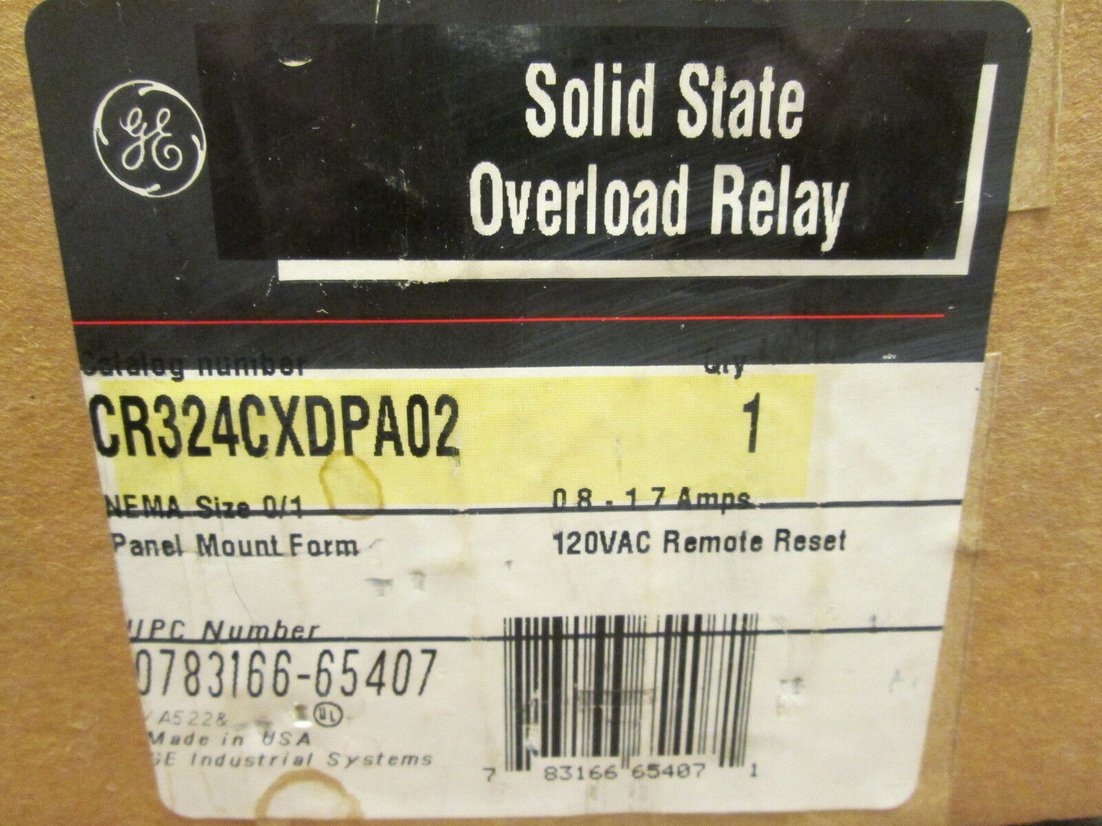 GE Solid State Overload CR324CXDPA02 Range:0.8-1.7A Size:0/1 120VAC Remote Reset