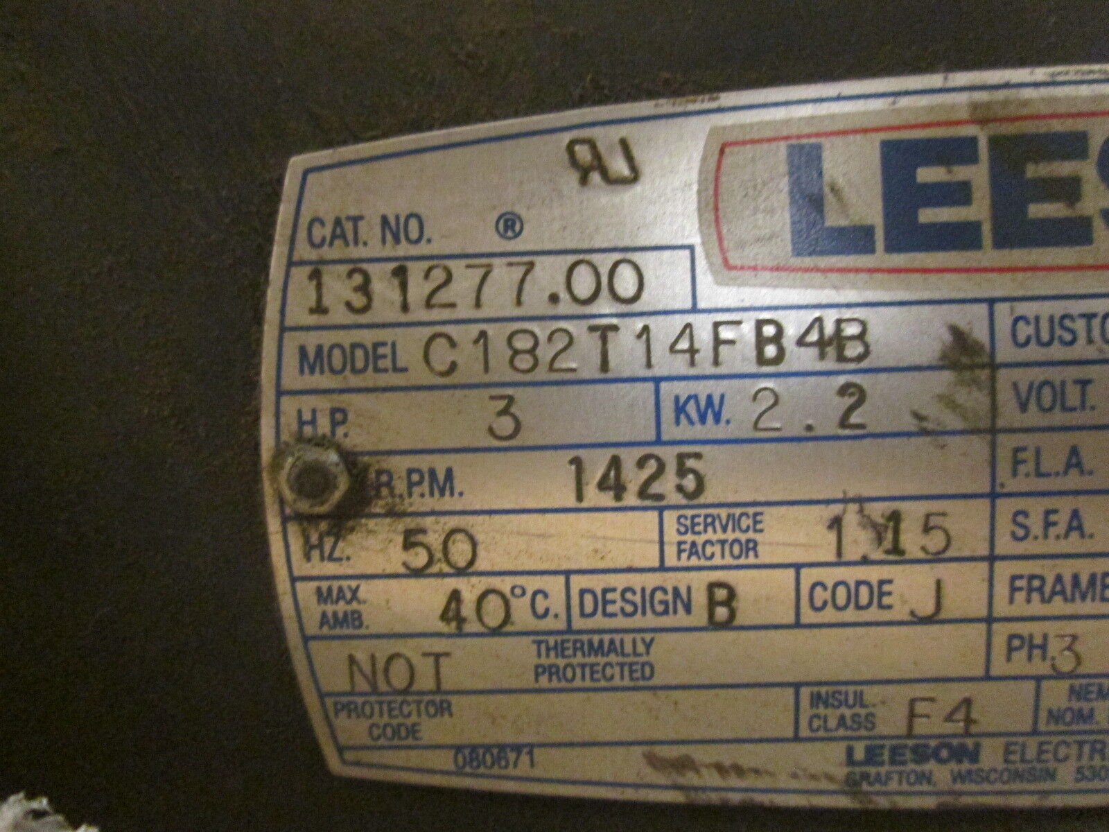 Leeson C184T14FB4B AC Motor 131277.00 3HP 1425RPM FR:E182T ENCL:IP54 New Surplus