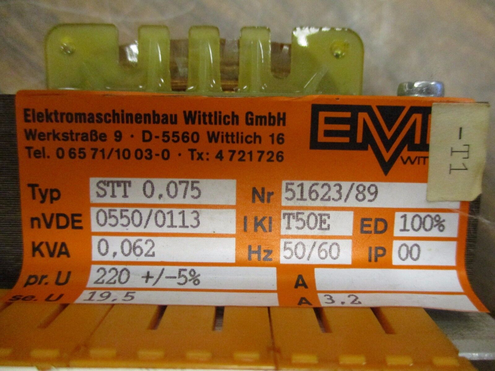 EMB Transformer STT 0.075 0.062KVA 50/60Hz Used