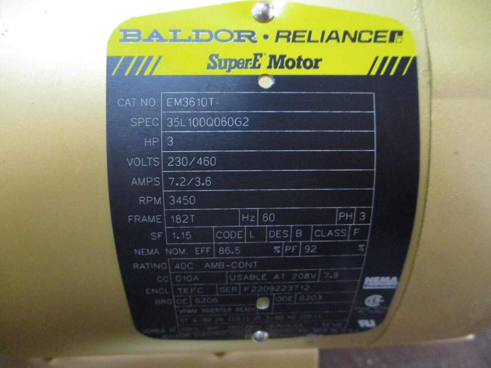 Baldor Motor EM3610T 3HP 230/460V 7.2/3.6A 3600RPM 3Ph 60Hz *No Box* Used