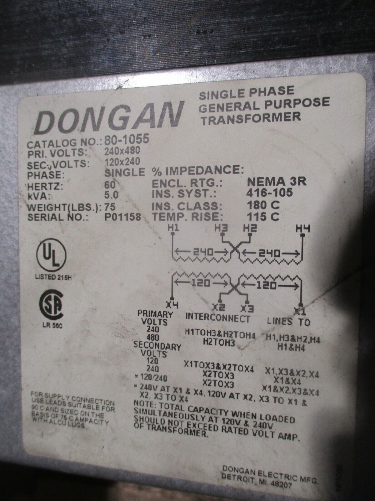 Dongan Transformer 80-1055 5KVA Pri: 240/480V Sec: 120/240V 60Hz 3R Enc. Used